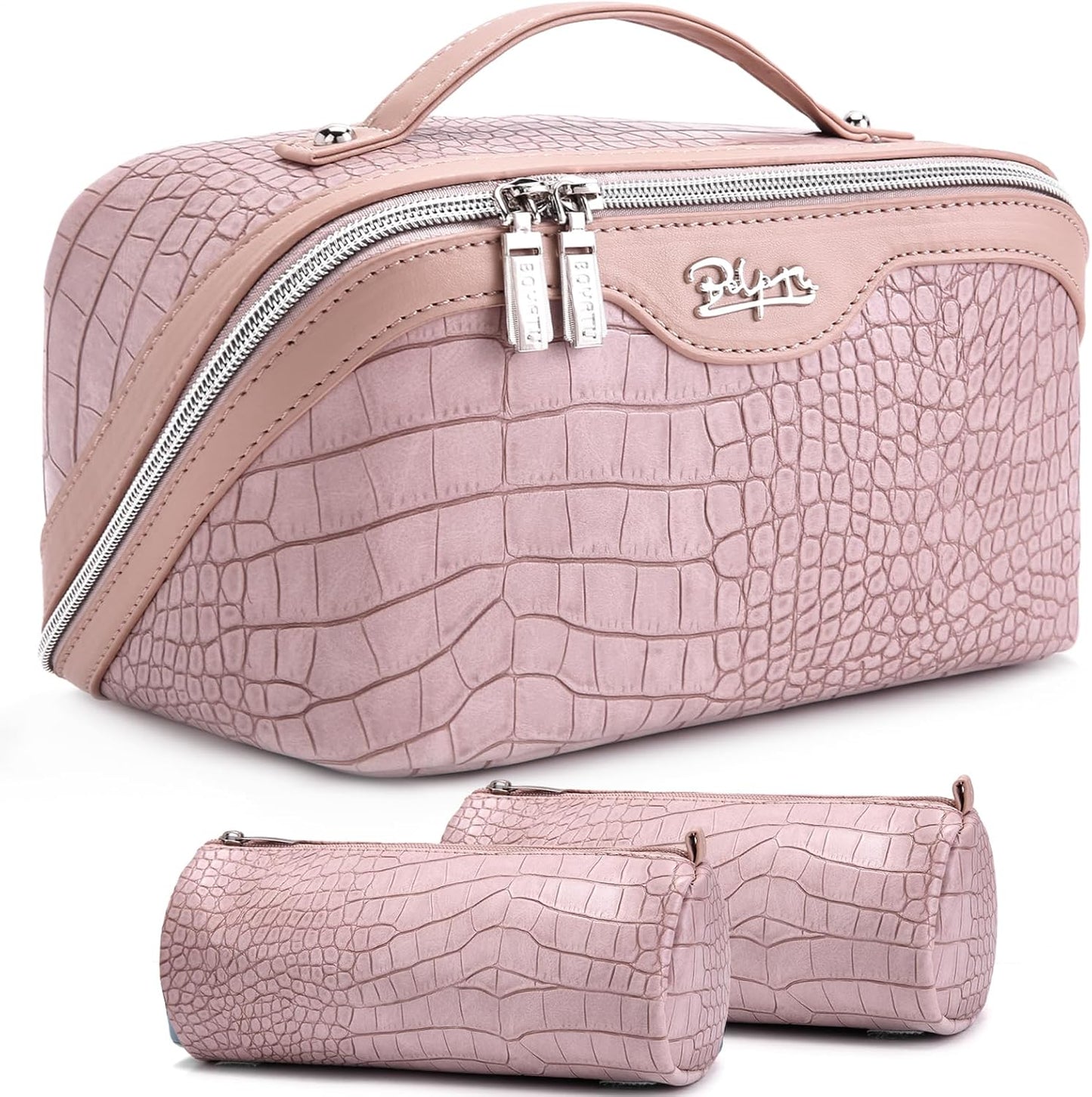 Travel Makeup Bag Set - Large Vegan Leather Cosmetic Organizer with Handle | 3 Pcs Portable Toiletry Bags in Coffee