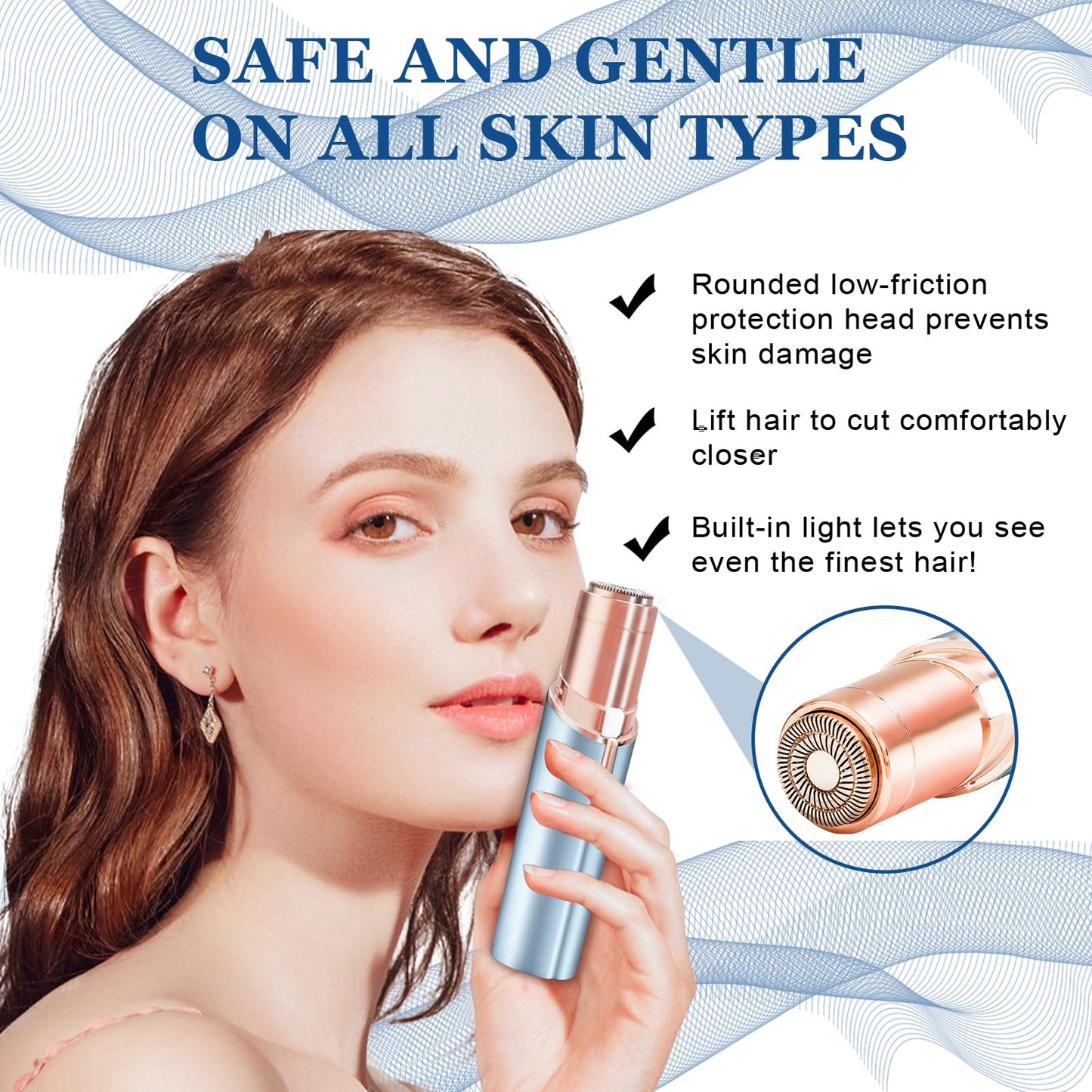 Facial Hair Removal for Women,Electric Rechargeable Face Shaver,Painless Gentle Trimming for Peach Fuzz,Lip,Chin with 2 x Replacement Heads (Blue)