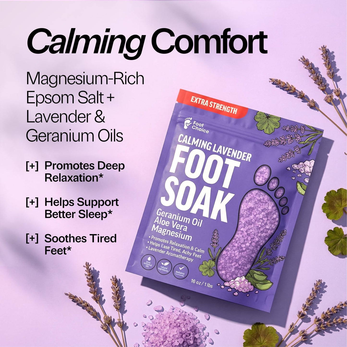 Foot Choice Lavender Foot Soak with Epsom Salt - Calming Aromatherapy for Relaxation & Better Sleep - Soothes Tired, Achy Feet & Softens Skin - Made in USA, 1lb