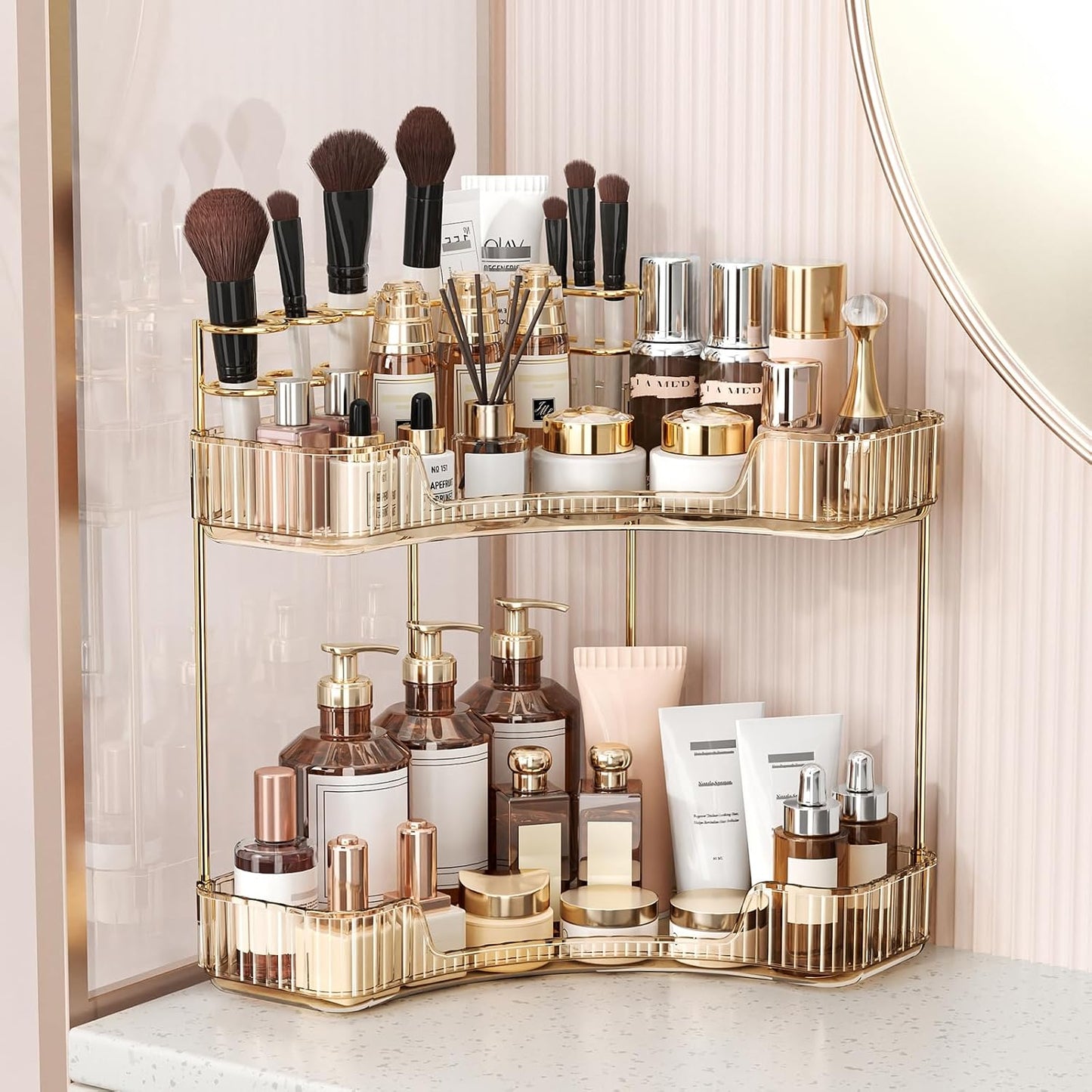 Corner Bathroom Counter Organizer - 2-Tier Makeup & Skincare Storage with Brush Holder | Gold Finish