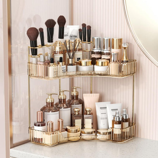 BEFSOP Corner Bathroom Counter Organizer, Upgraded 2-Tier Makeup Organizer Countertop with Makeup Brush Holder, Skincare Exquisite Vanity Organizers Countertop Bathroom Storage Dresser(GOLD)