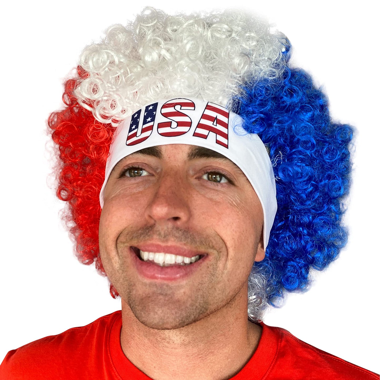 Watt's Wigs - USA Costume Wig - Curly Hair, Red, White, and Blue Olympics 4th of July America Headband - One Size Fits All (USA)