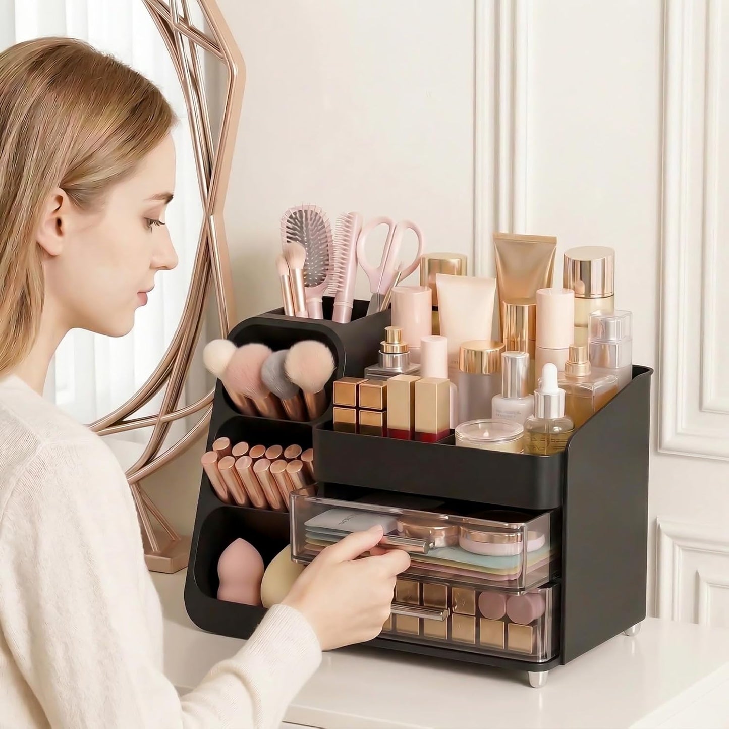 Large Capacity Makeup Organizer - Thickened Material Countertop Storage for Vanity | Black, Ideal Gift for Teen Girls