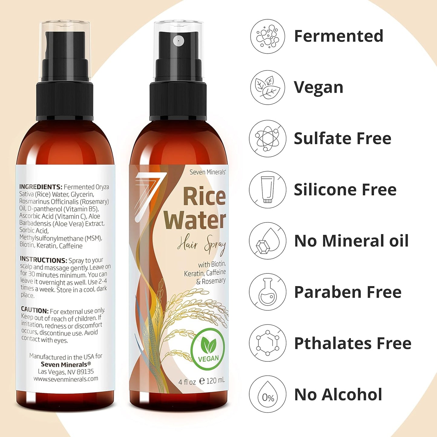 Fermented Rice Water Spray for Hair Growth - Rosemary, Biotin & Caffeine Infused | Vegan, Non-Greasy, 4 fl oz
