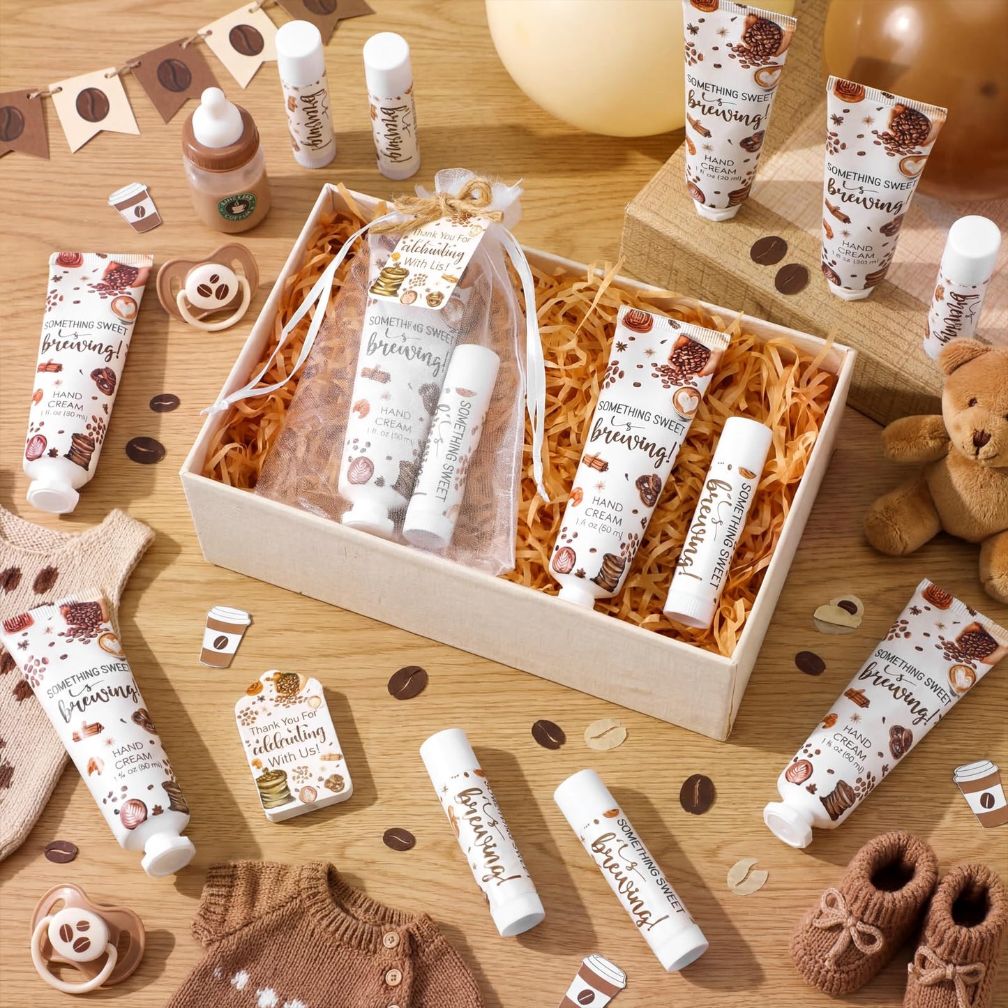 Dansib 24 Sets Coffee Themed Baby Shower Hand Cream and Lip Balm Gift, Something Sweet Is Brewing Baby Shower Party Favors for Guest Travel Size Hand Lotion and Lip Balm Bulk Birthday Party Supplies