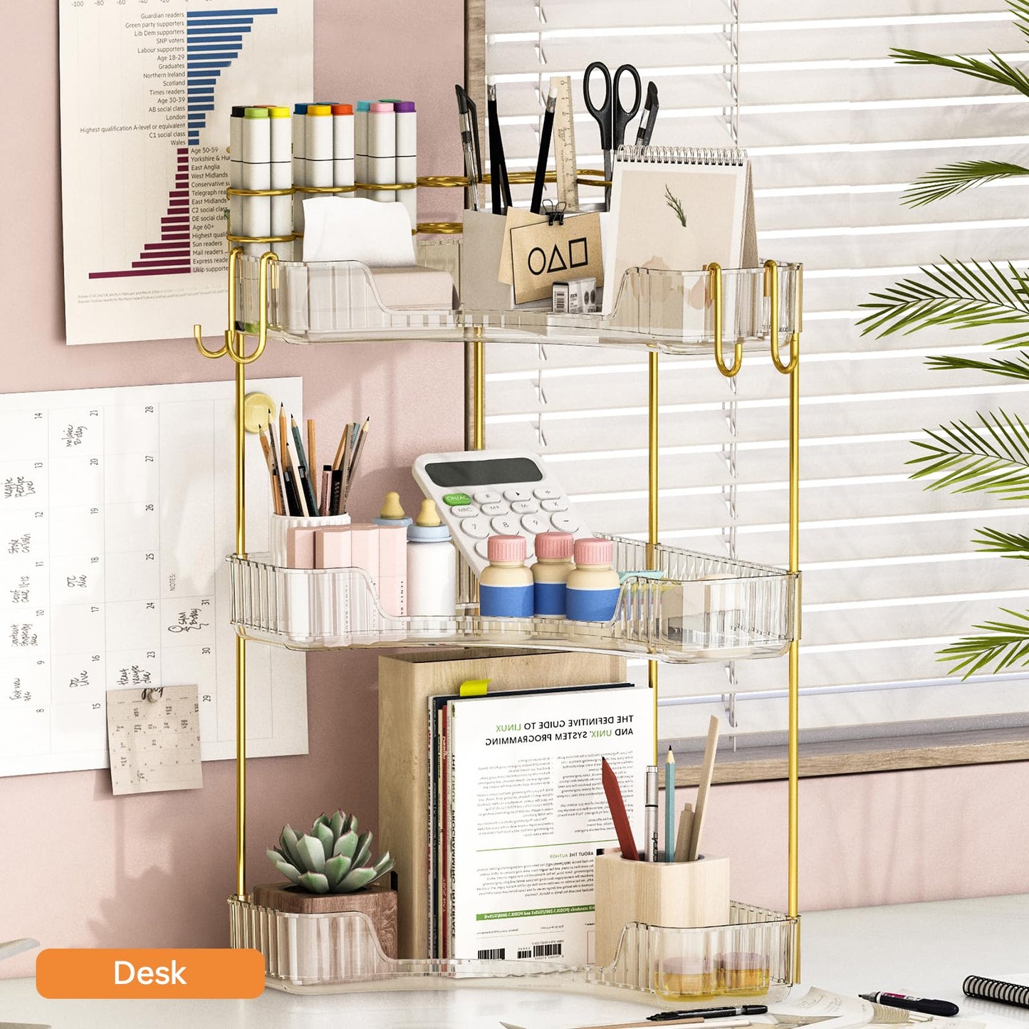 Greenby 3-Tier Corner Bathroom Counter Organizer，Makeup & Skincare Shelf with Built-in Brush Holder，Space-Saving Bathroom Countertop Organizer for Skincare, Perfume, Cosmetics(Clear)