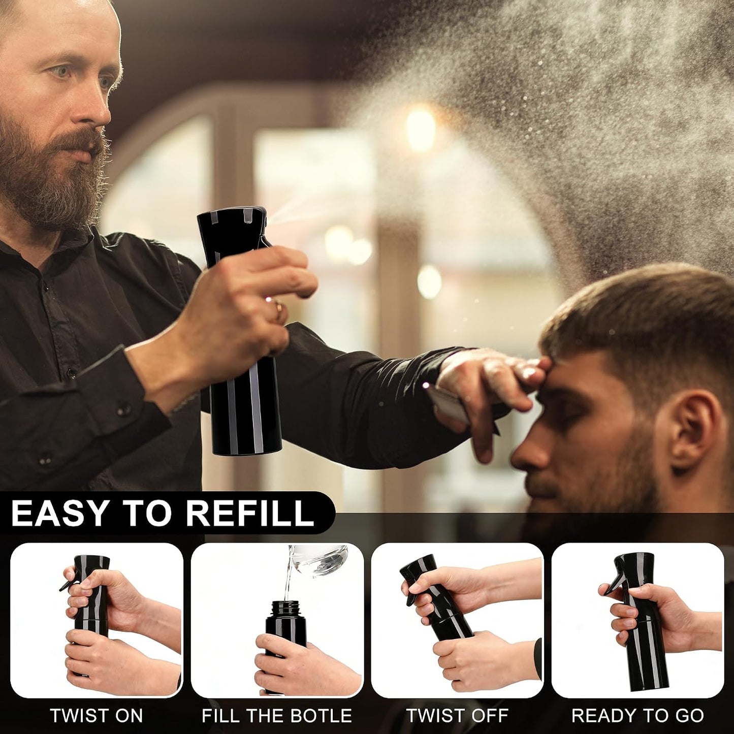 Continuous Spray Bottles for Hair | 200ml Reusable Black Bottles for Hair Care, Plants & Cleaning (2-Pack)