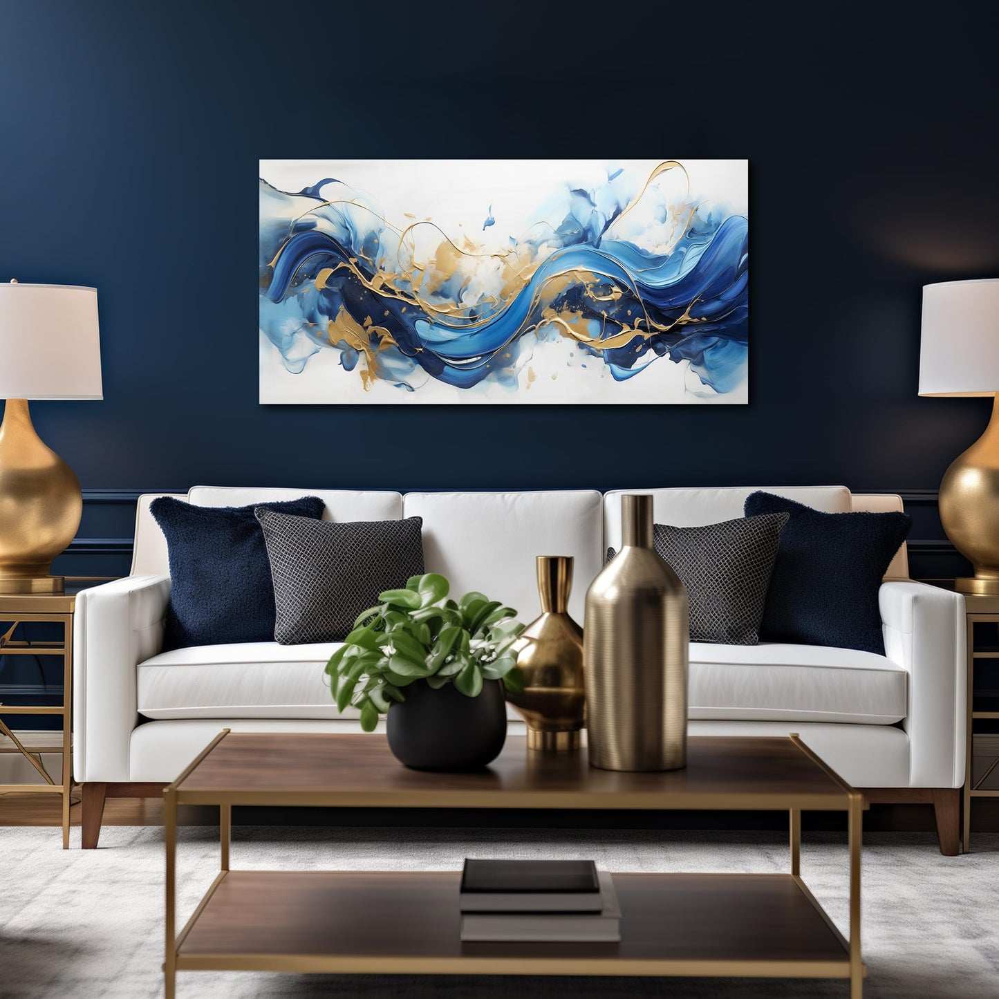 AUUZAIUA Abstract Canvas Wall Art for Living Room Blue and Gold Fluid Wave Pictures Modern Artwork for Bedroom Office Canvas Prints 20x40 Inches