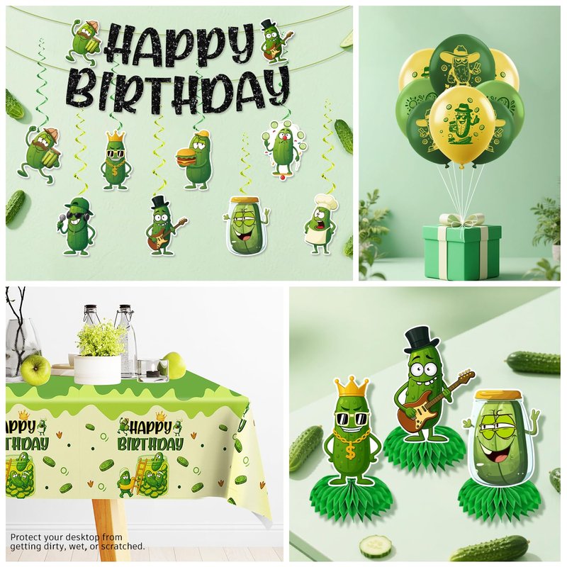 Pickle Party Decorations Funny Pickle Cucumber Happy Birthday Banner Cake Topper Balloons Cartoon Pickle Plates and Napkins with 2 Pcs Pickle Birthday Tablecloth Decorations