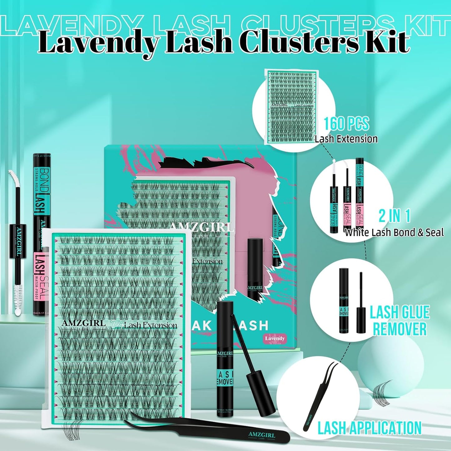 Lash Clusters Kit - 160pcs Natural Eyelash Extensions with Bond, Seal & Applicator Tool | Waterproof & Easy to Use at Home