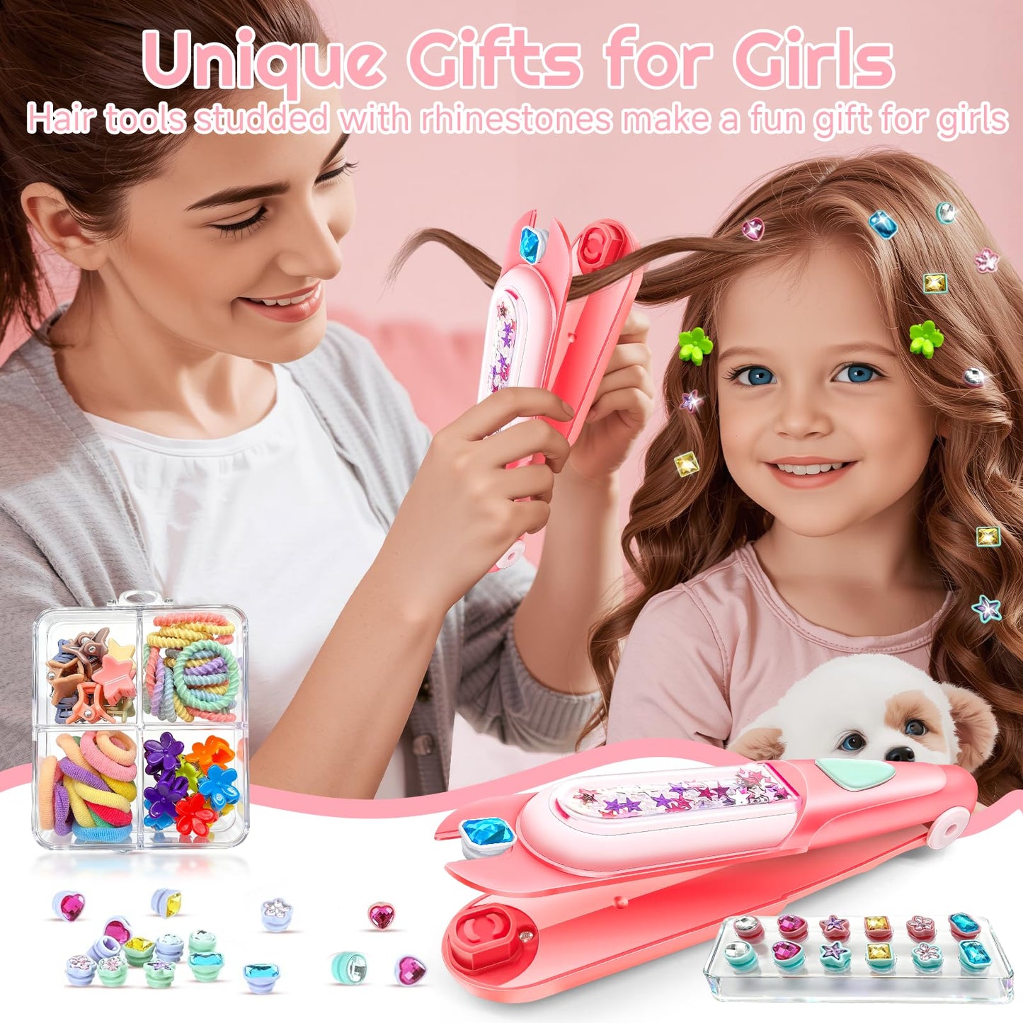 CLRDZN Hair Gem Stamper Kit,Hair Ties and Hair Clips Bling Hair Jewels for Girls Toys, Hair Styling Tool with Reusable Shining Diamonds, Birthday Gifts Toys for Girls Ages 3 4 5 6 8-12