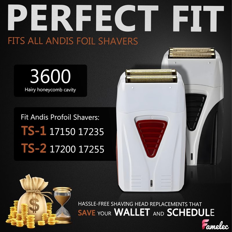 FAMELEC 2 Pack for Andis Shaver Foil TS-1 TS-2, ProFoil Lithium Shaver Replacement Titanium Foil Assembly and Inner Cutters Compatible with Andis Smooth Shaving Cordless Shavers