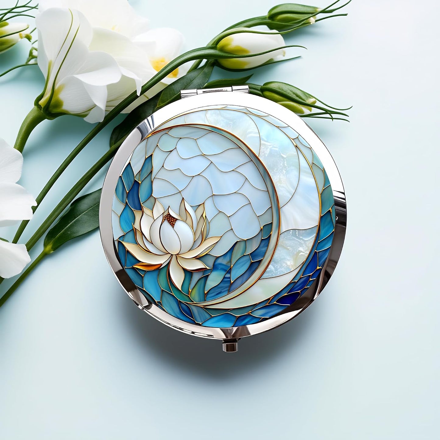 Compact Double-Sided Makeup Mirror - Silver Folding Design with Blue Lotus Moon | 2.8x2.8 Inch Gift for Women