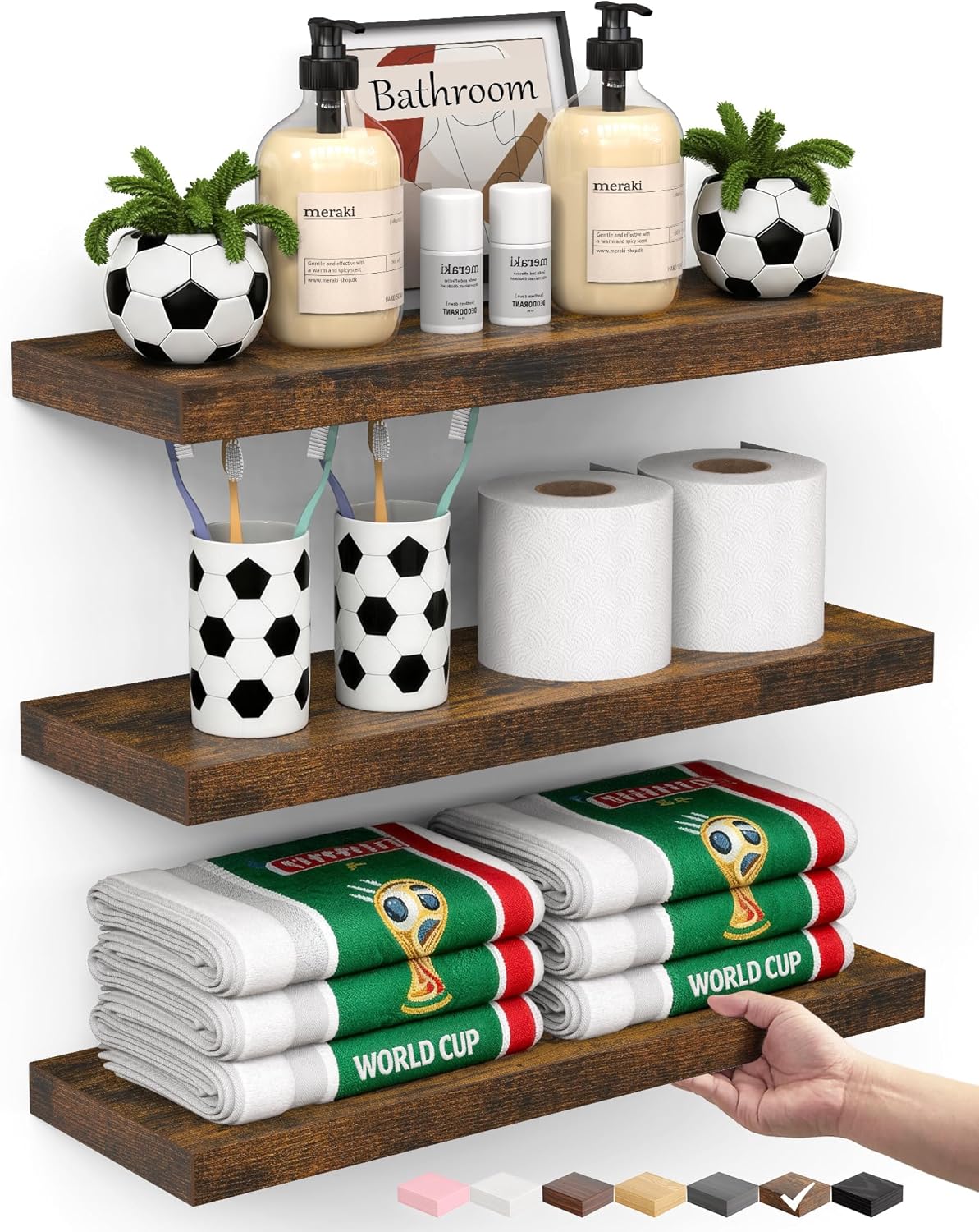 Floating Shelves Set of 2 - Rustic Wood Wall Mounted | 22.5 Inches for Bathroom, Bedroom, Living Room, Kitchen - 22lbs Capacity, Rustic Brown