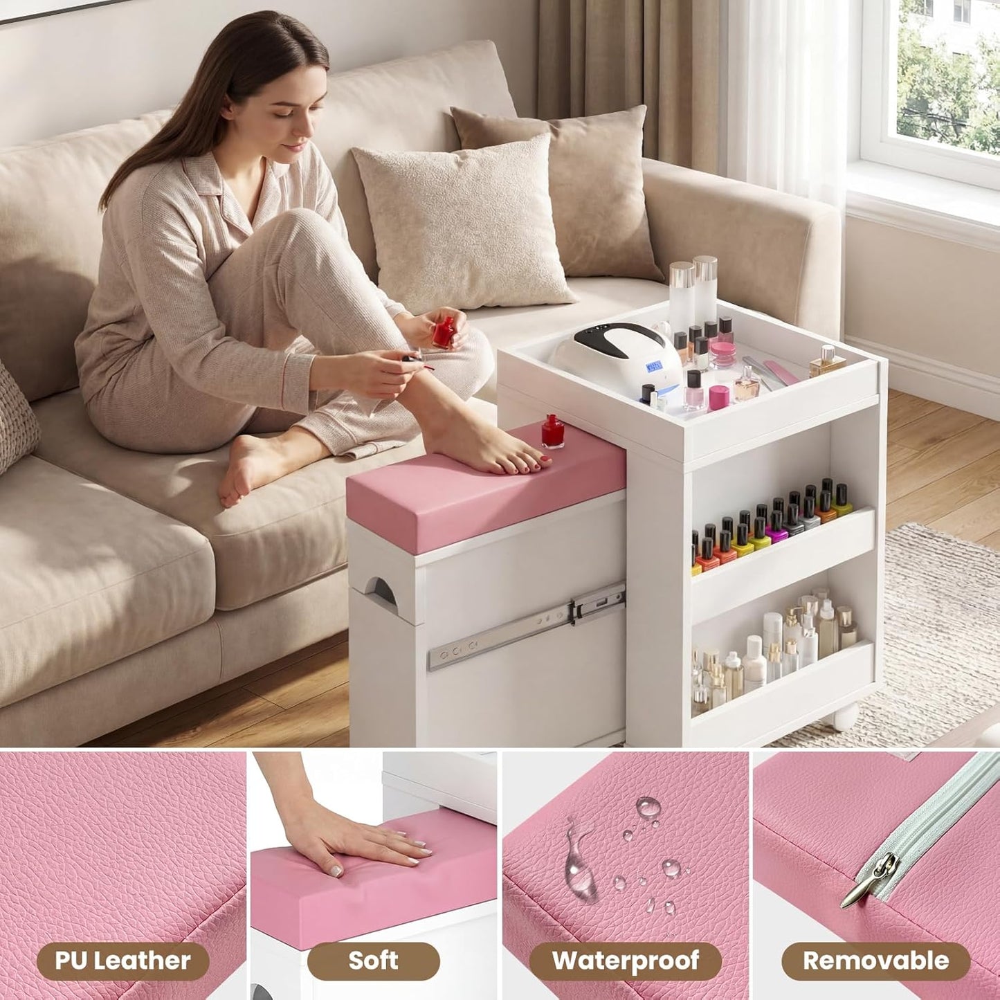 Pedicure Trolley Cart - Mobile Nail Tech Station with Foot Rest & Storage Shelves | 26.3" L