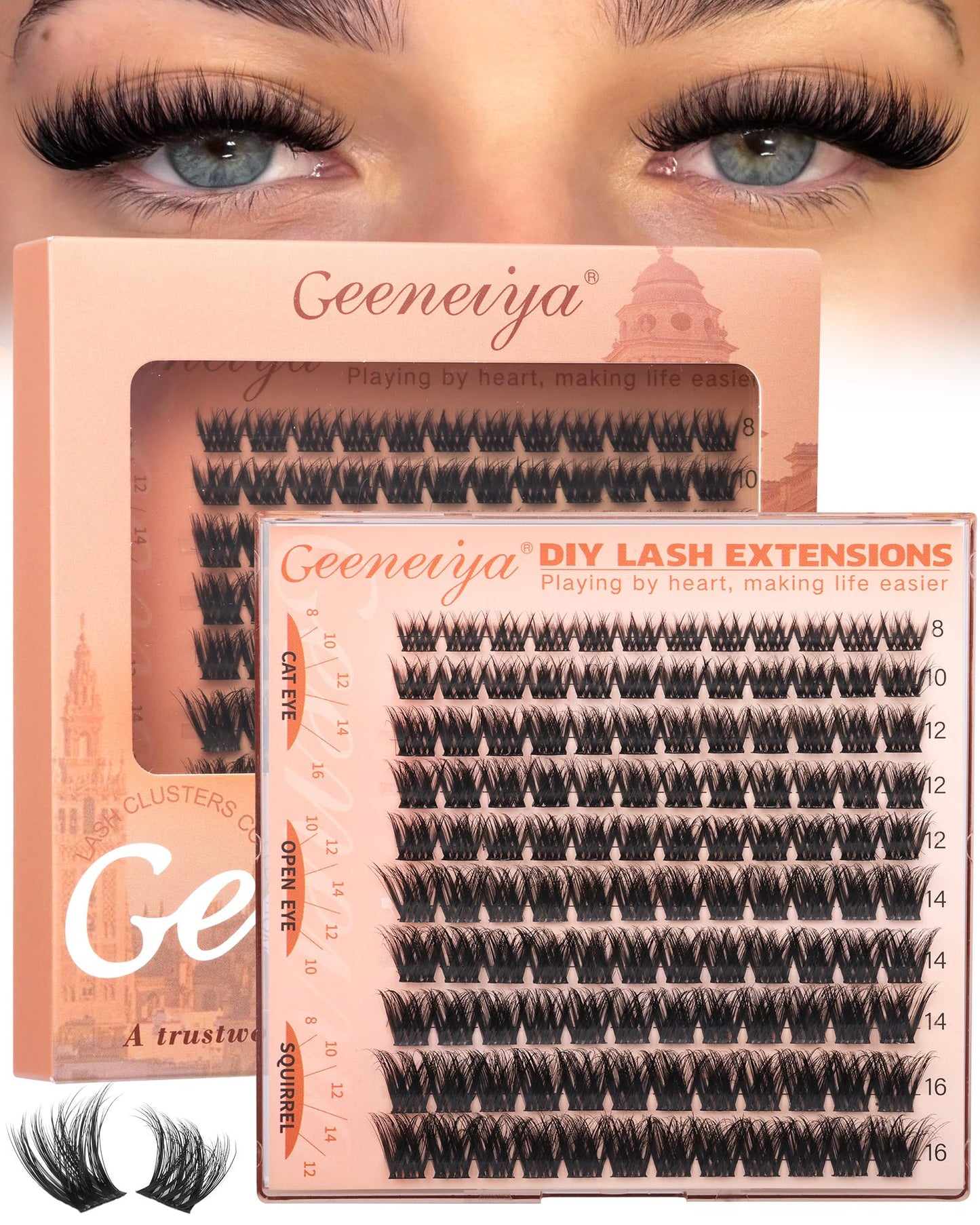Geeneiya Fluffy Lash Clusters 8-16mm, Natural 3D Fluffy Effect Eyelash Clusters, C Curl DIY Cluster Eyelash Extensions for Salon-Like Lashes at Home