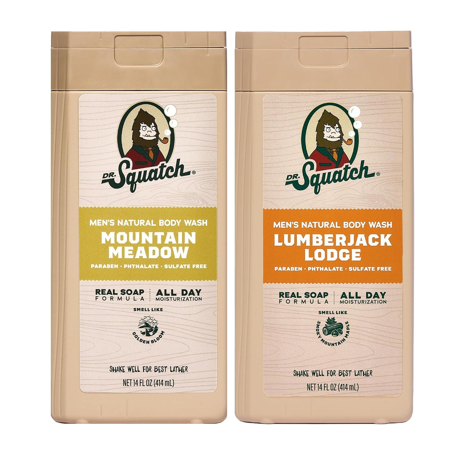 Dr. Squatch Men's Body Wash - Natural Cleansing & Nourishing Gel | Mountain Meadow & Lumberjack Lodge (14 oz, 2-Pack)