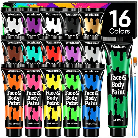 16 Colors Face Body Paint, 4th of July Face Painting Set For Adults, Water Based Washable Cream Makeup, Non-Toxic Safe Makeup for Stage Cosplay Sports Halloween Festivals Party Supplies (20ml Each)