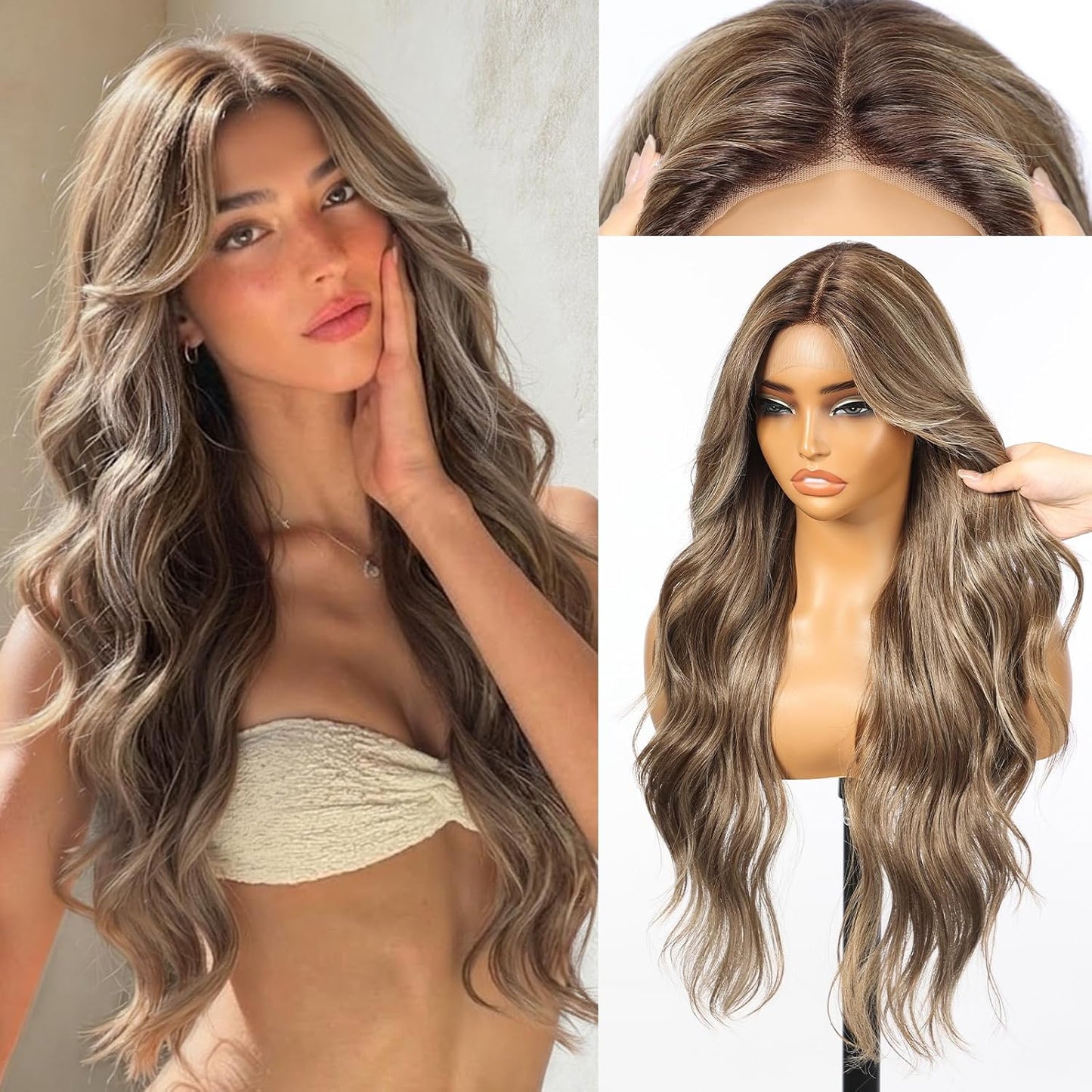 KOME Ash Brown Synthetic Lace Front Wig - T Part Glueless Long Body Wavy Style | 28 Inch with Bangs for Women