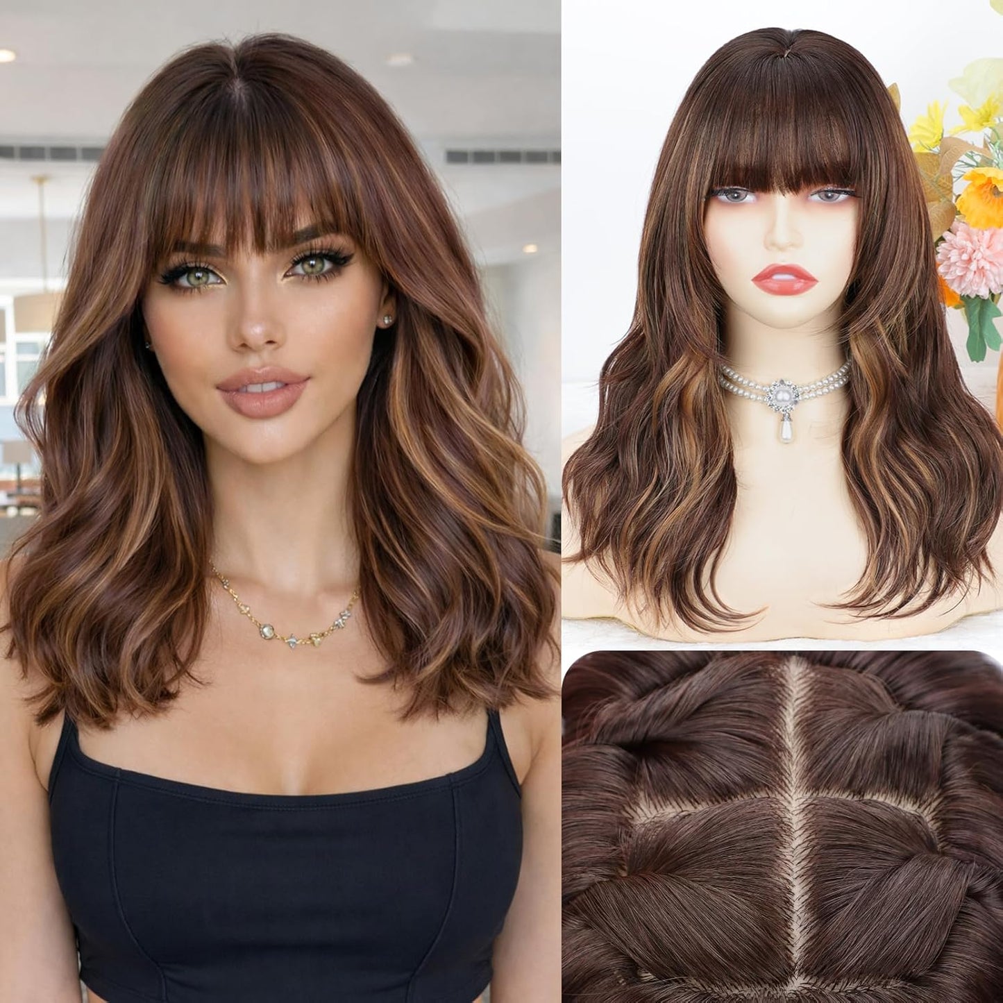 Black Wig with Bangs - 4x4 Realistic Scalp Layered Wavy Synthetic Wig | 18 Inch Natural Look for Daily Use