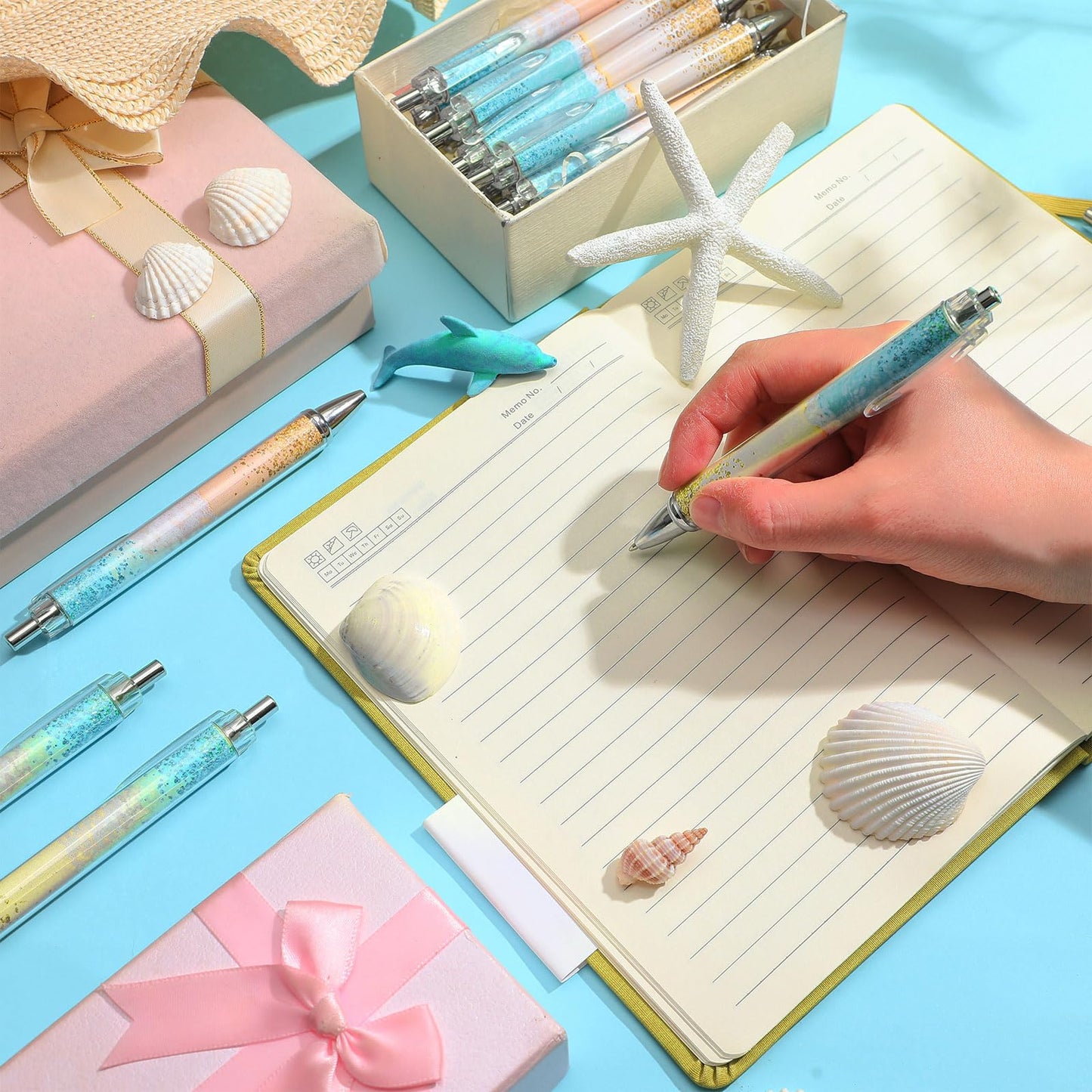 Motipuns 24 Pcs Beach Teal Pens Bulk Ocean Teachers Appreciation Week Gifts Tropical Seashell Theme Ballpoint Thank You Gifts for Woman Teacher Coworker Staff Office School Writing Stationary