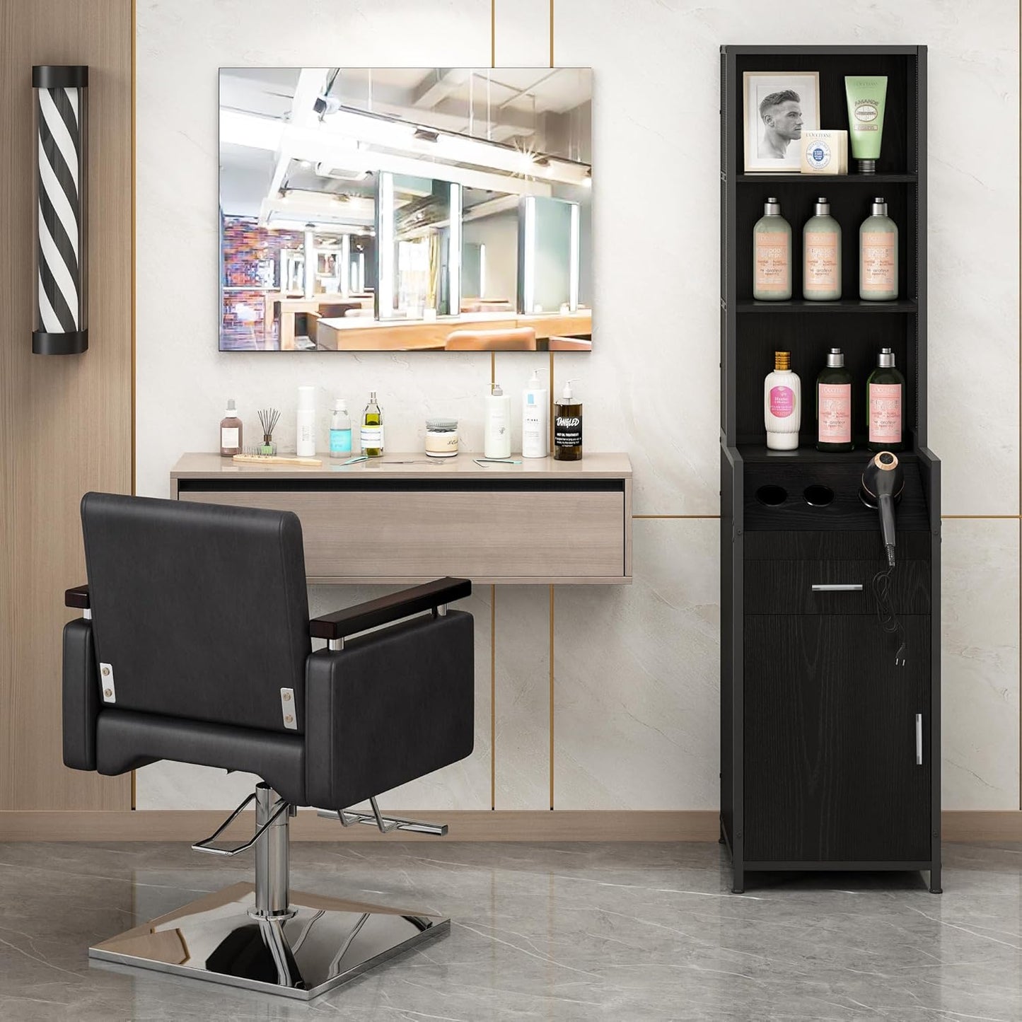 Reusable Salon Station for Hair Stylists | Barber Station with 3 Hot Tool Holders & Storage Shelves - Black