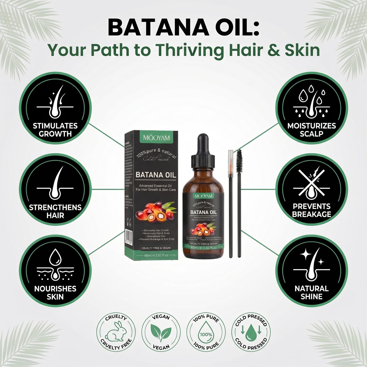 Batana Oil for Hair Growth – 100% Pure & Natural Cold Pressed Honduran Batana Oil, Stimulates Hair Growth, Strengthens Hair, Repairs Split Ends & Damaged Hair, All Hair Types, 2.02 fl oz (60ml)