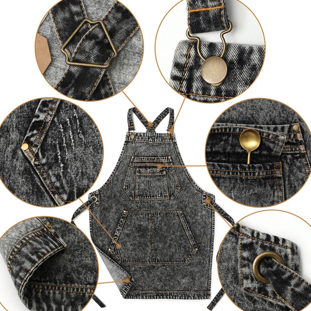 Jeanerlor - Cotton Denim Shop Black Tool Aprons with Pockets for Men - Jean Work Aprons for Men Cross Straps & Adjustable L to XXL