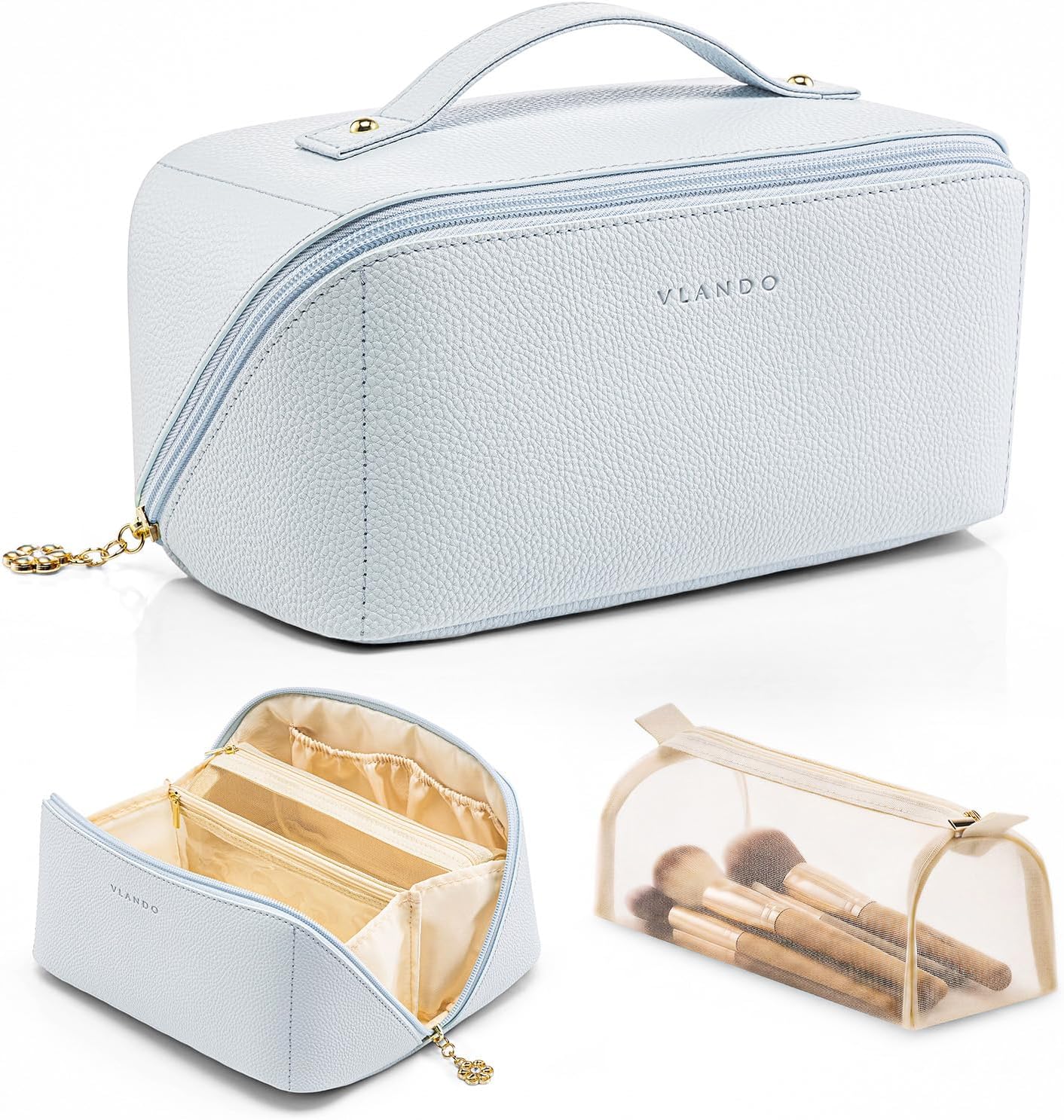 VLANDO Makeup Bag - Travel Toiletry & Cosmetic Bag for Women | PU Leather, Portable Design - Toffee
