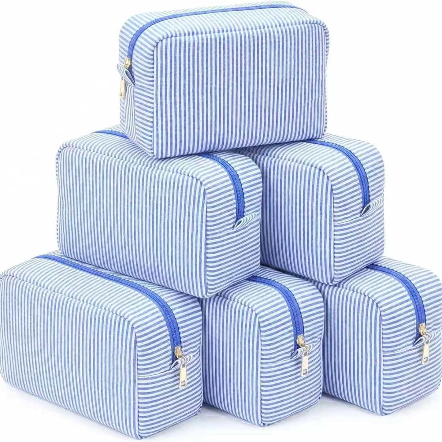 Makeup Bags Set of 6 - Large Seersucker Cosmetic Pouches for Bridesmaid Proposals | Khaki Toiletry Organizers