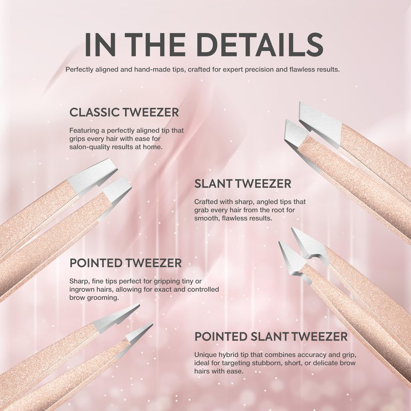 MARKHOR® Luxe Rose Gold Eyebrow Tweezers for Women Facial Hair, Splinter and Ingrown Hair Removal Tweezers Set, Professional Pointed and Slant Tweezers for Eyebrows, Precision Tweezers for Eyebrows