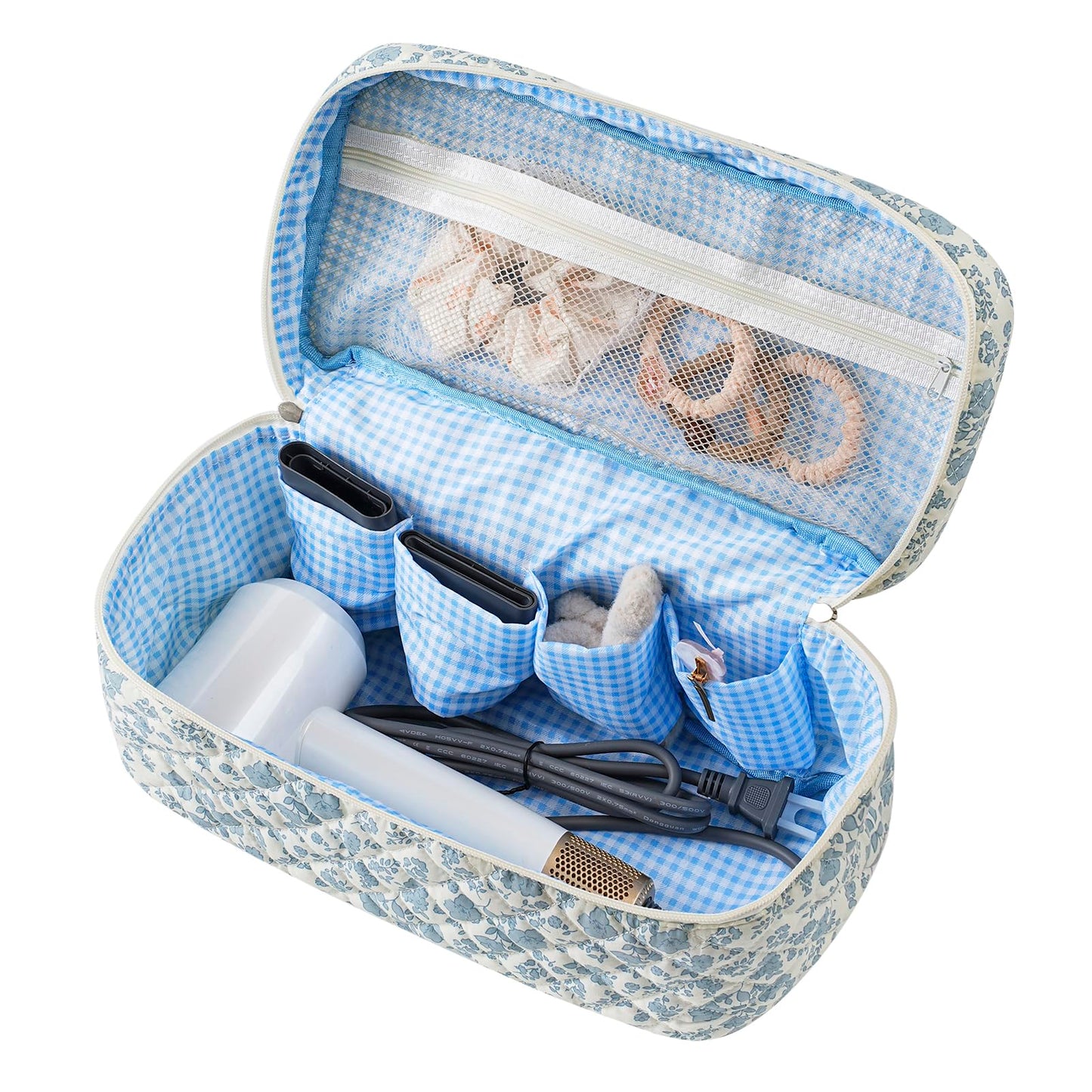 Quilted Cotton Hair Tools Travel Bag Compatible with Dyson Airwrap,Hair Styling Cosmetic Case for CurlingIron,Flat Irons and Attachments,Portable and Foldable Makeup Bag (01Blue Flower)