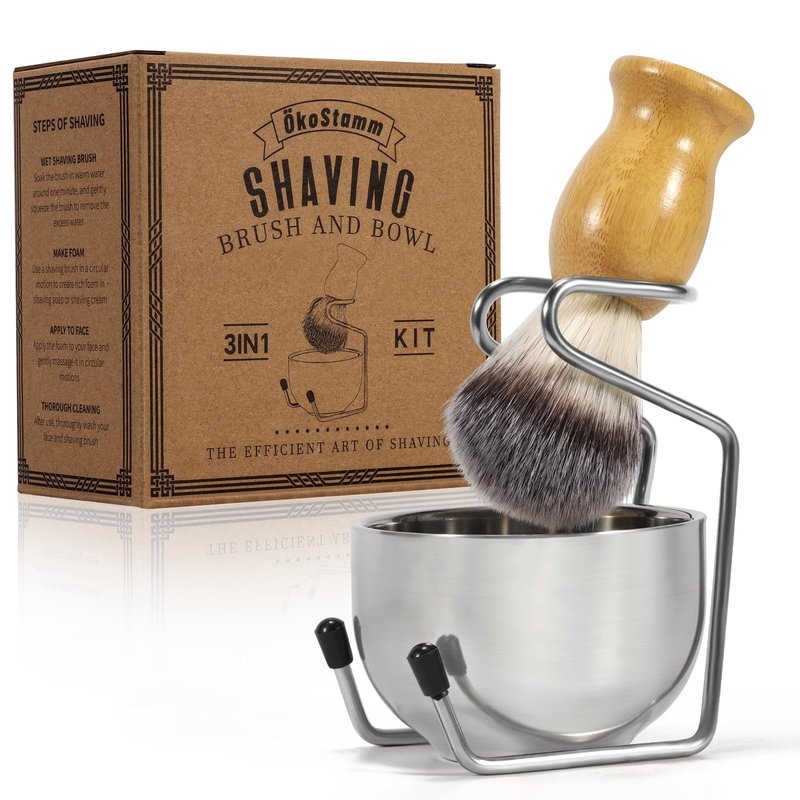 ÖkoStamm Shaving Brush and Bowl - Bamboo Shaving Brush for Men with Synthetic Badger Bristle, Starter Men’s Shaving Kit for Wetting Shave