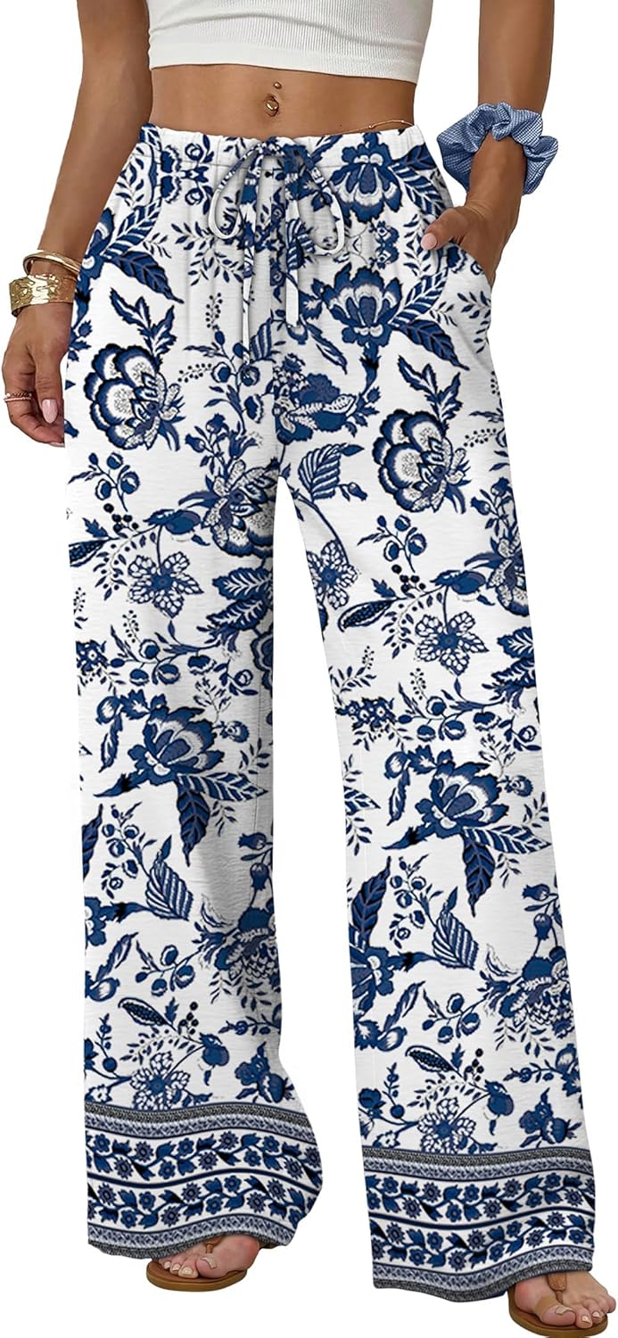 Wide Leg Pants for Women - Flowy Palazzo Trousers with Drawstring & Pockets | Summer Beach Vacation Wear