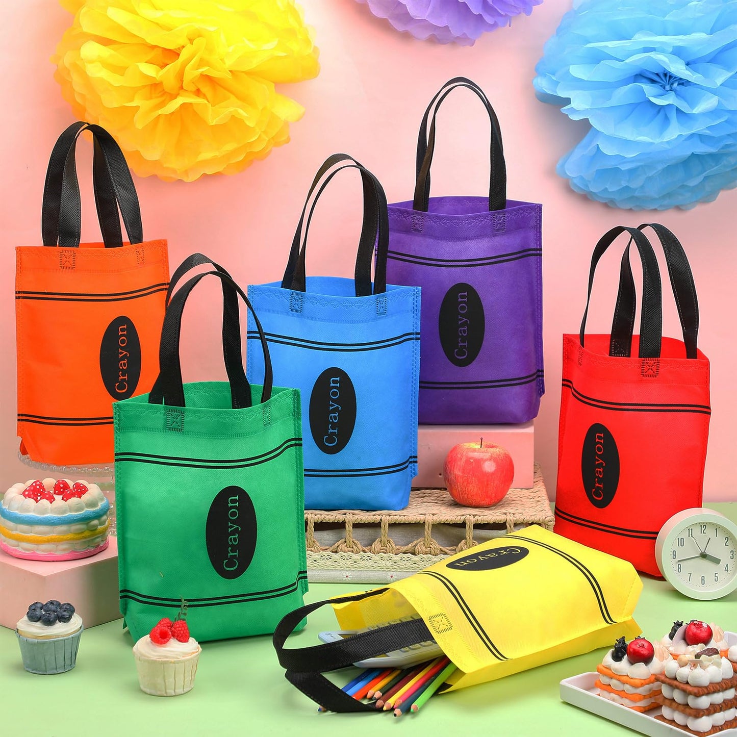 Hosuly 24 Pcs Back to School Gift Bags Crayon Tote Bags End of Year Bulk Goodies Decor for Teacher Appreciation Preschool Kindergarten Graduation Party Supplies