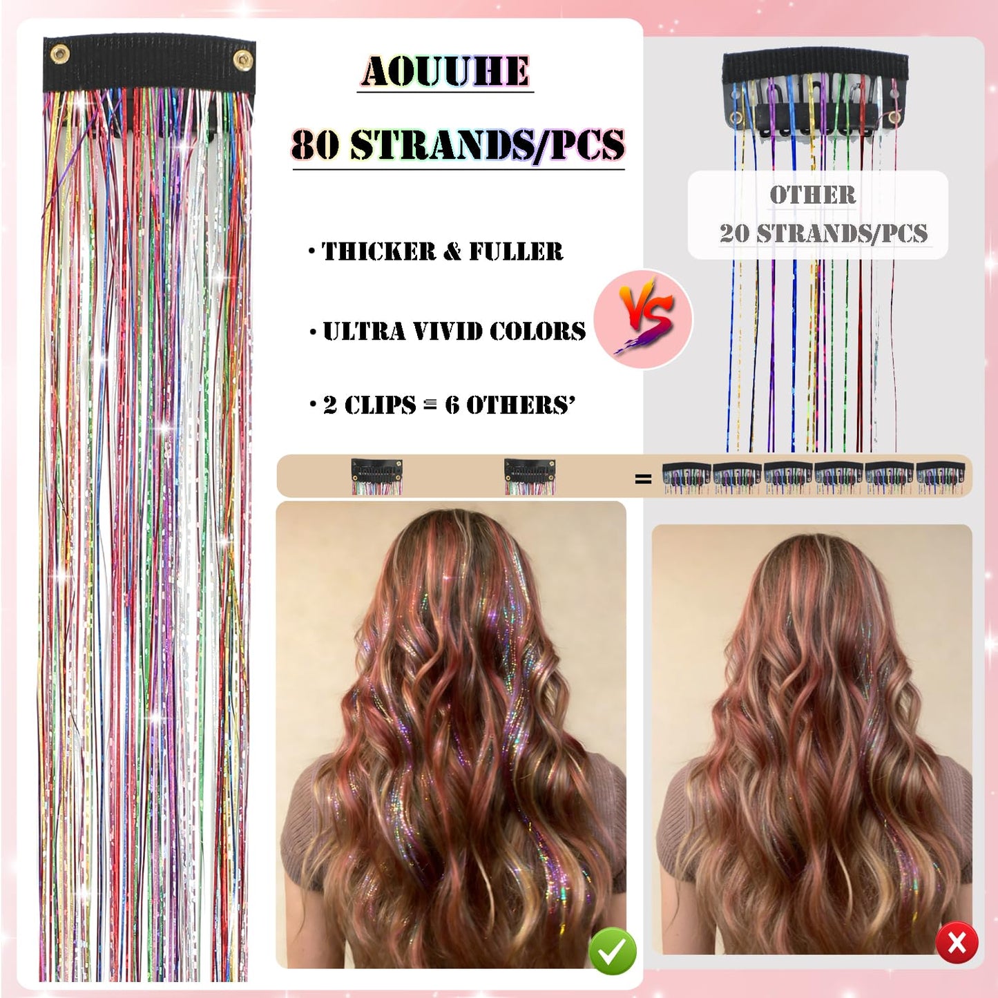 Aouuhe Hair Tinsel Kit 18 Pcs Clip in Hair Tinsel 20.5 Inch Glitter Fairy Tinsel Hair Extensions Clip in Black Sparkle Heat Resistant Daily Party Festival Hair Accessories for Women Girls (Black)