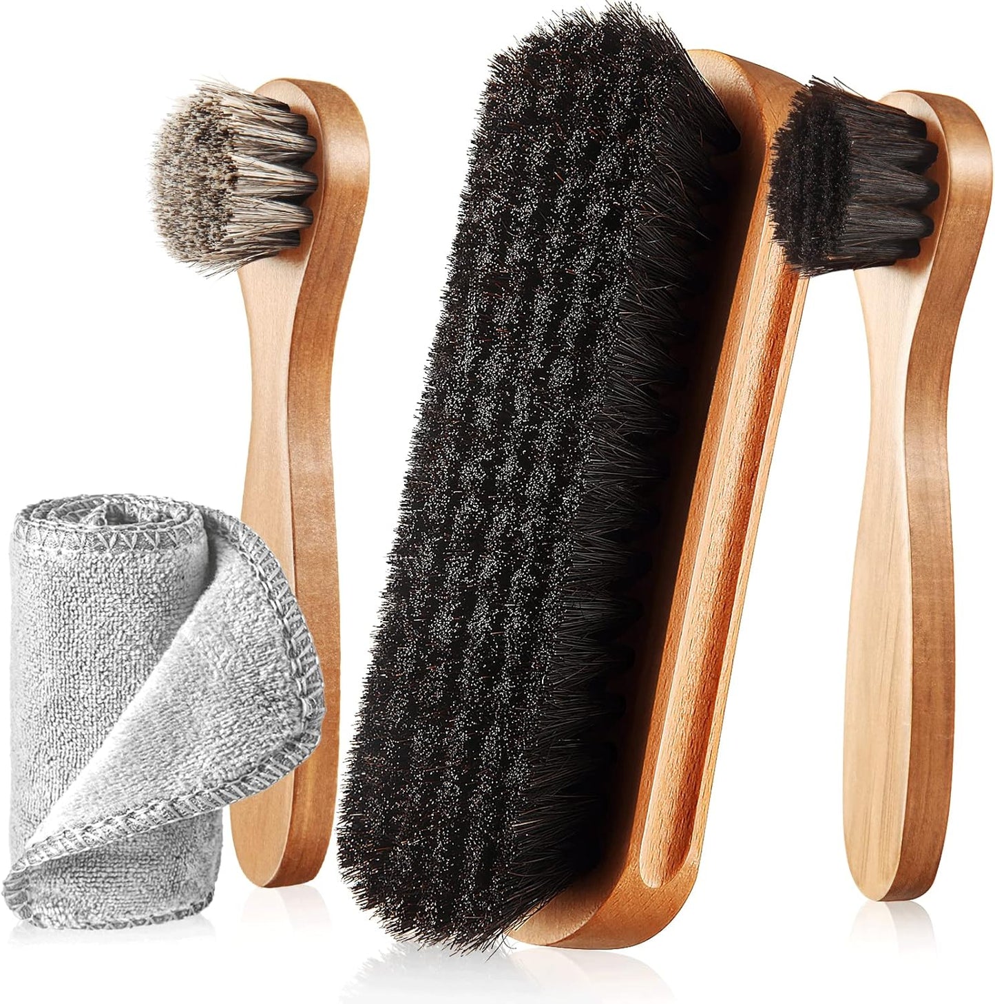 Horsehair Shoe Brush Kit - 4 Pcs Leather & Suede Cleaning Brushes with Microfiber Gloves | Shoe Care Essentials