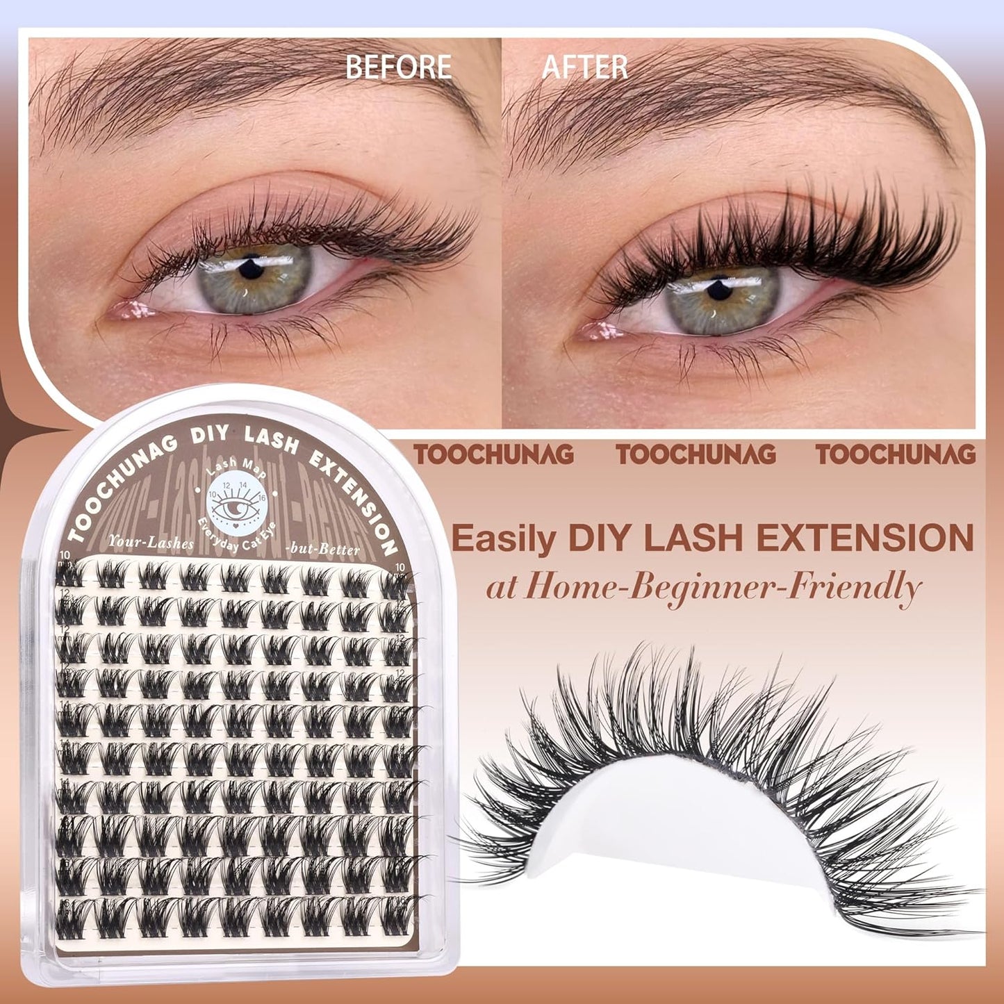 Natural Cluster Eyelash Extensions - Wispy D Curly Individual Lashes | 10-16mm Soft Volume DIY Lash Clusters