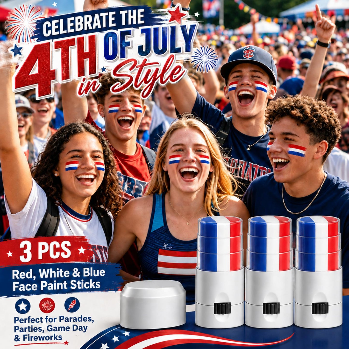 Go Ho 3PCS Red White and Blue Eye Black,Patriotic USA Flag 4th of July Face Paint Makeup for Independence Day,Soccer Fans Eye Black Stick,Eye Black Stick for Baseball Party Favors