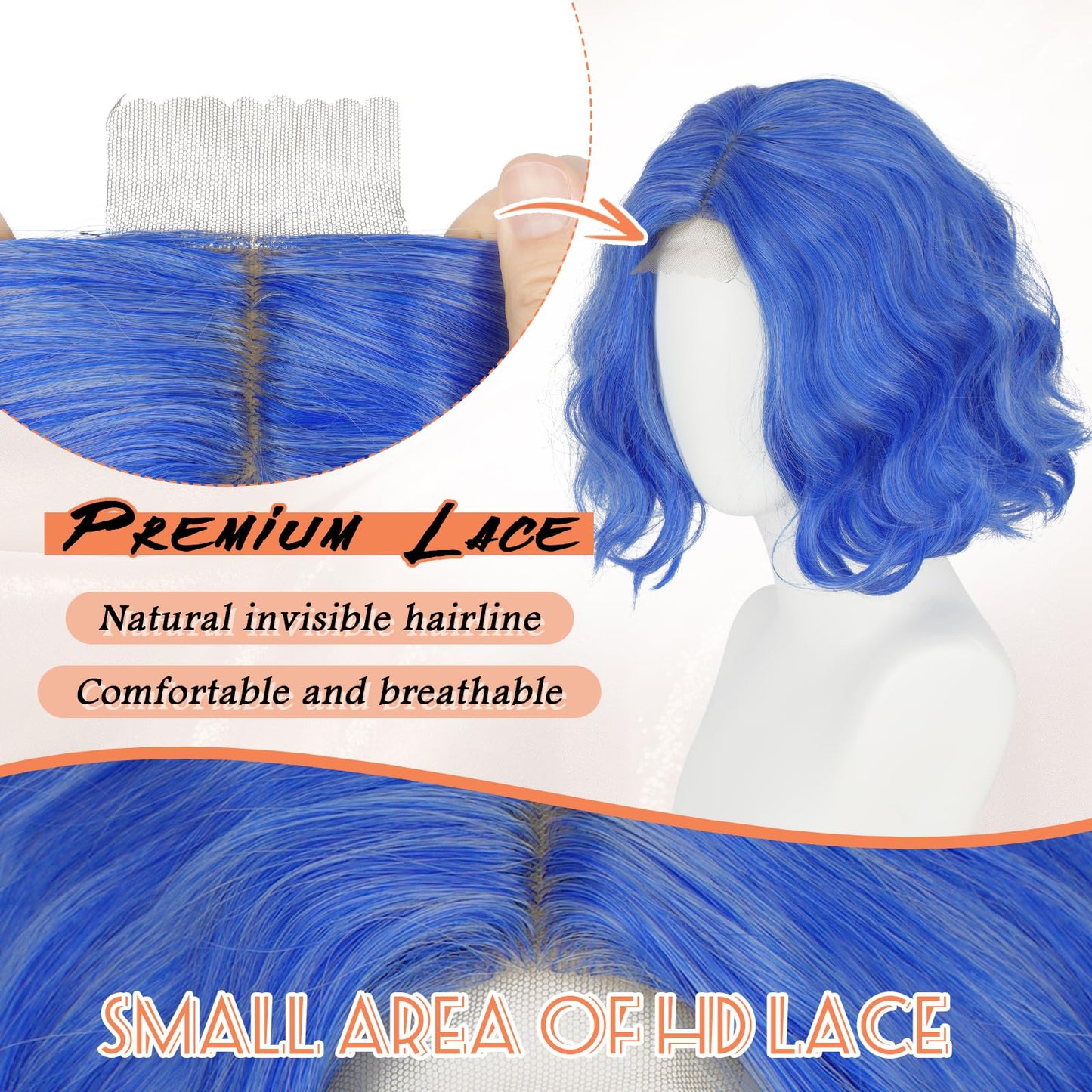 Haloo Blue Bob Wig for Women Lace Front Hairline Short Soft Wavy Curly Natural Looking Middle Part Synthetic Hair Wigs for Daily Party, 11 Inch Mixed Blue