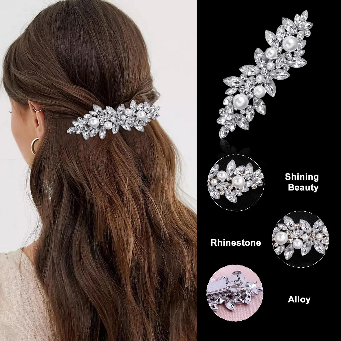 4pcs Rhinestone Hair Barrettes for Women Leaf Wedding Hair Pins Crystal Bobby Pins Silver Bridal Hairpin Clips for Brides Bridesmaids Flower Girls