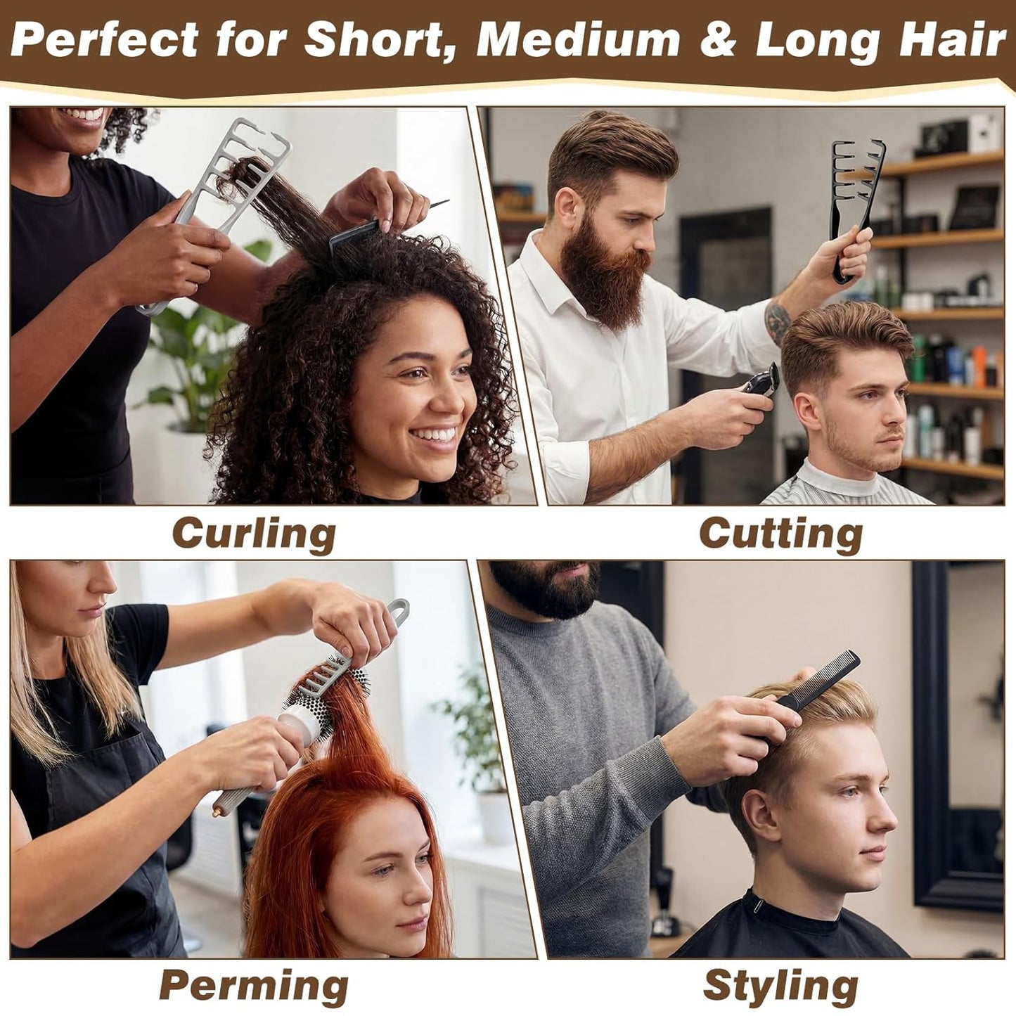 5 Pcs Volumizing Texture Comb Set - Travel Folding Wide & Fine-Tooth Hair Combs | Textured Grip for Fluffy Hairstyles (Gray, Black)