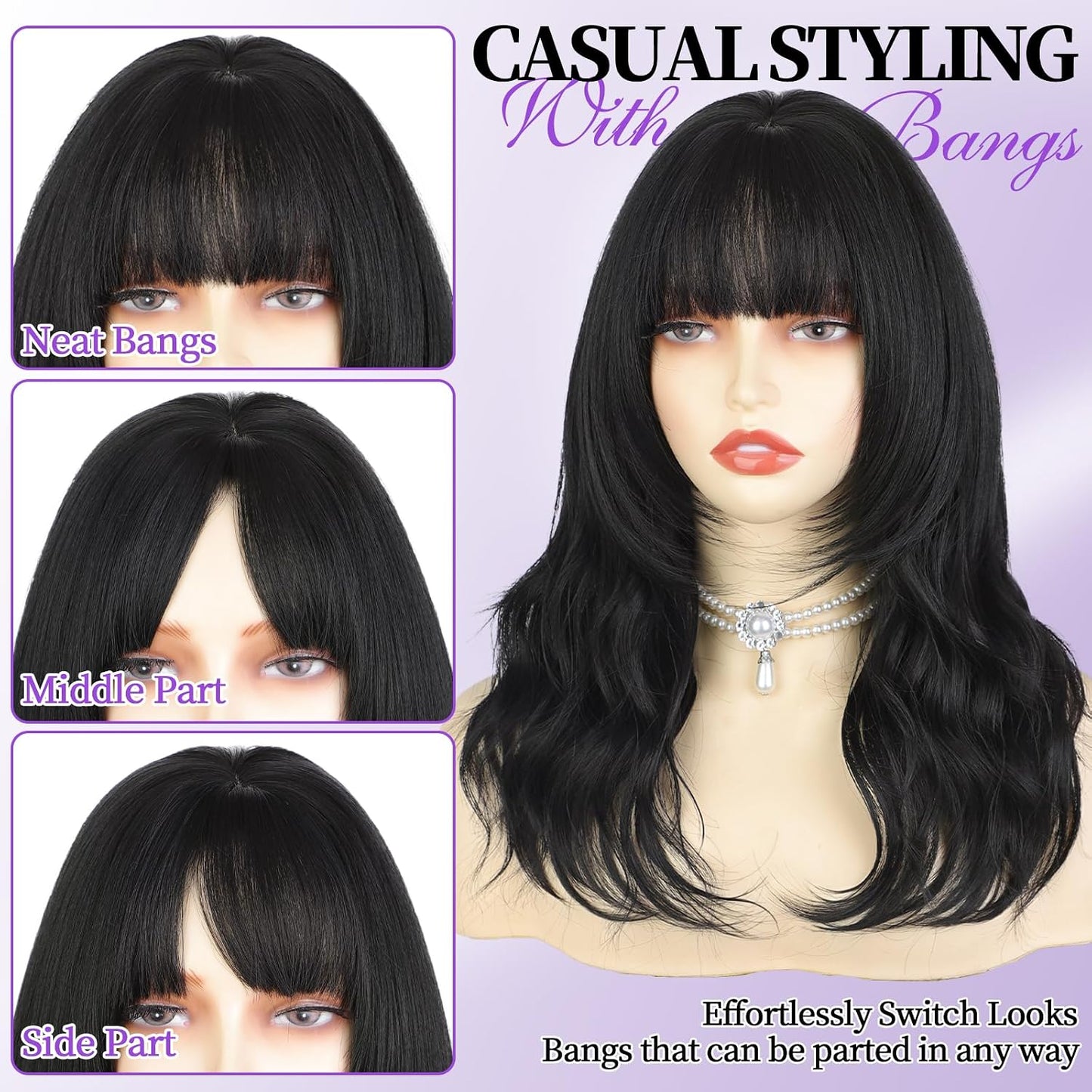 Black Wig with Bangs - 4x4 Realistic Scalp Layered Wavy Synthetic Wig | 18 Inch Natural Look for Daily Use
