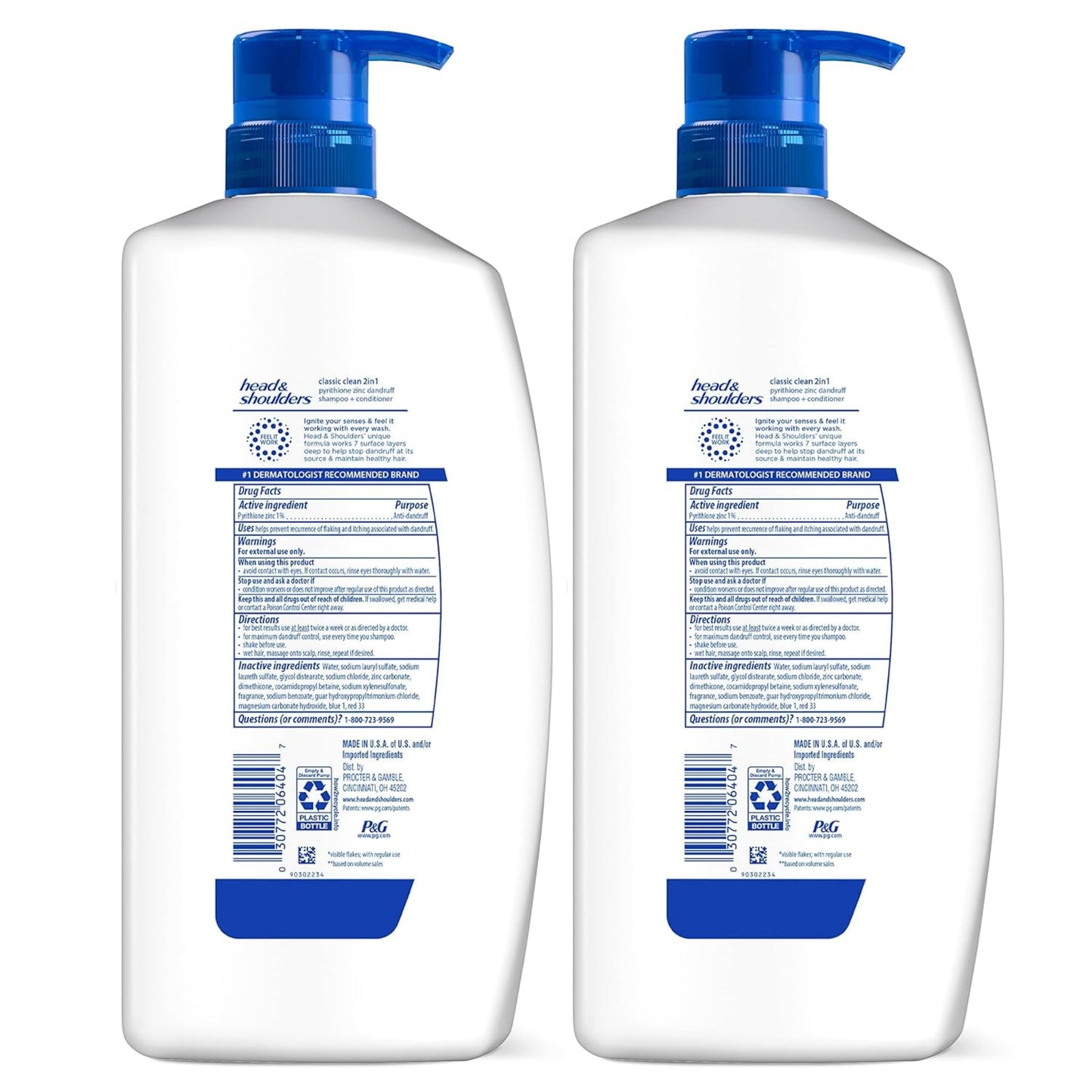 Head & Shoulders Anti-Dandruff Shampoo and Conditioner with 1% Pyrithione Zinc, Classic Clean 2-in-1 Twin Pack, Fresh Scent, Flake Control, Scalp Care, Color-Safe, 32.1 fl oz Each