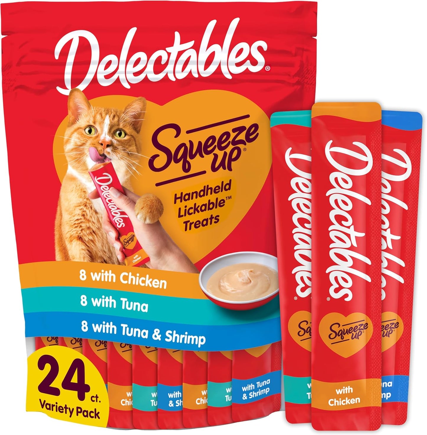 Delectables Squeeze Up Cat Treats - Creamy Lickable Puree Variety Pack | Grain-Free, 24 Tubes, 0.5 Ounces Each