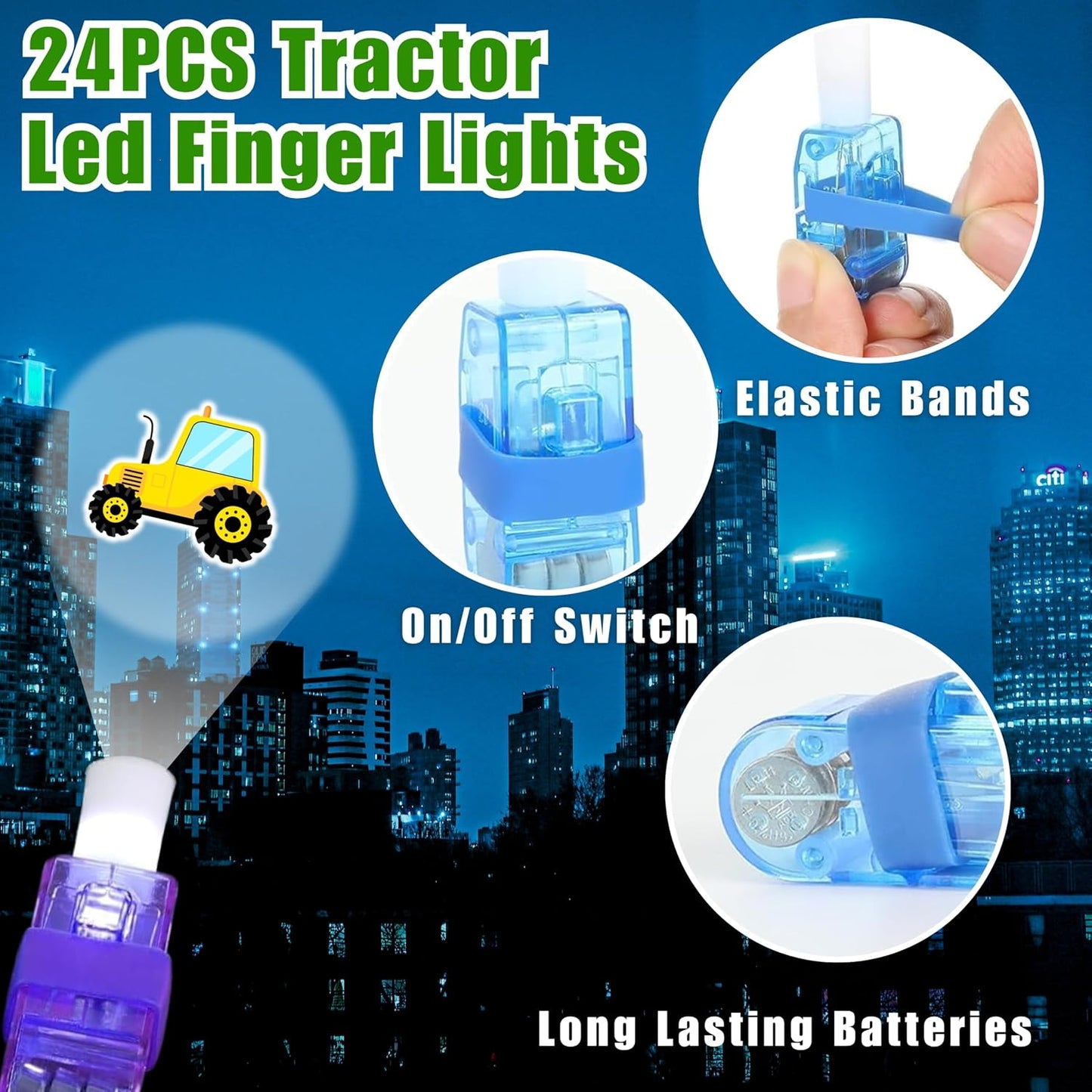 Tractor Party Favors - 72 PCS Luminous Tattoos & LED Finger Lights | Glow in the Dark Birthday Goodie Bag Fillers for Kids