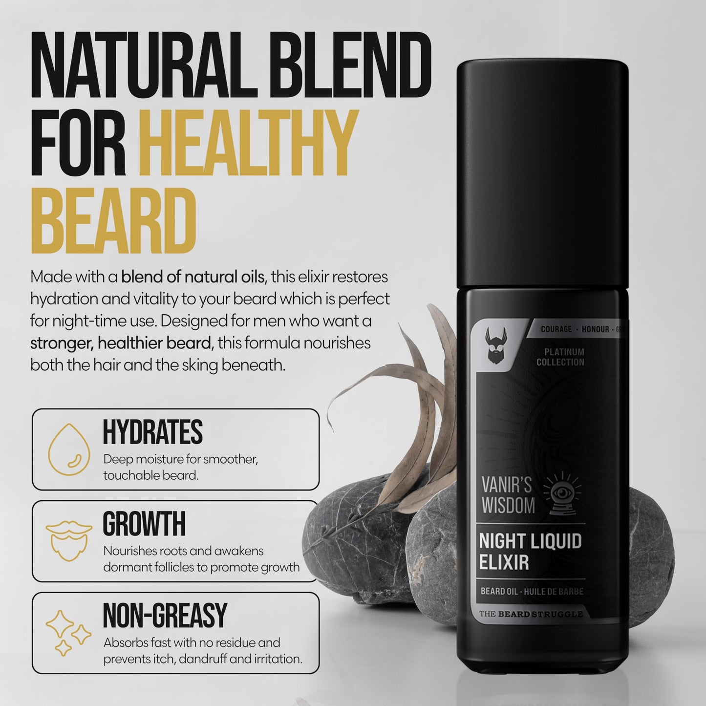 The Beard Struggle Night Liquid Elixir Beard Oil - Platinum Collection - Vanir's Wisdom (1.35 Fl oz) - Beard Oil for Men - Natural Blend for Softens, Moisturizing, & Healthier Beard Growth