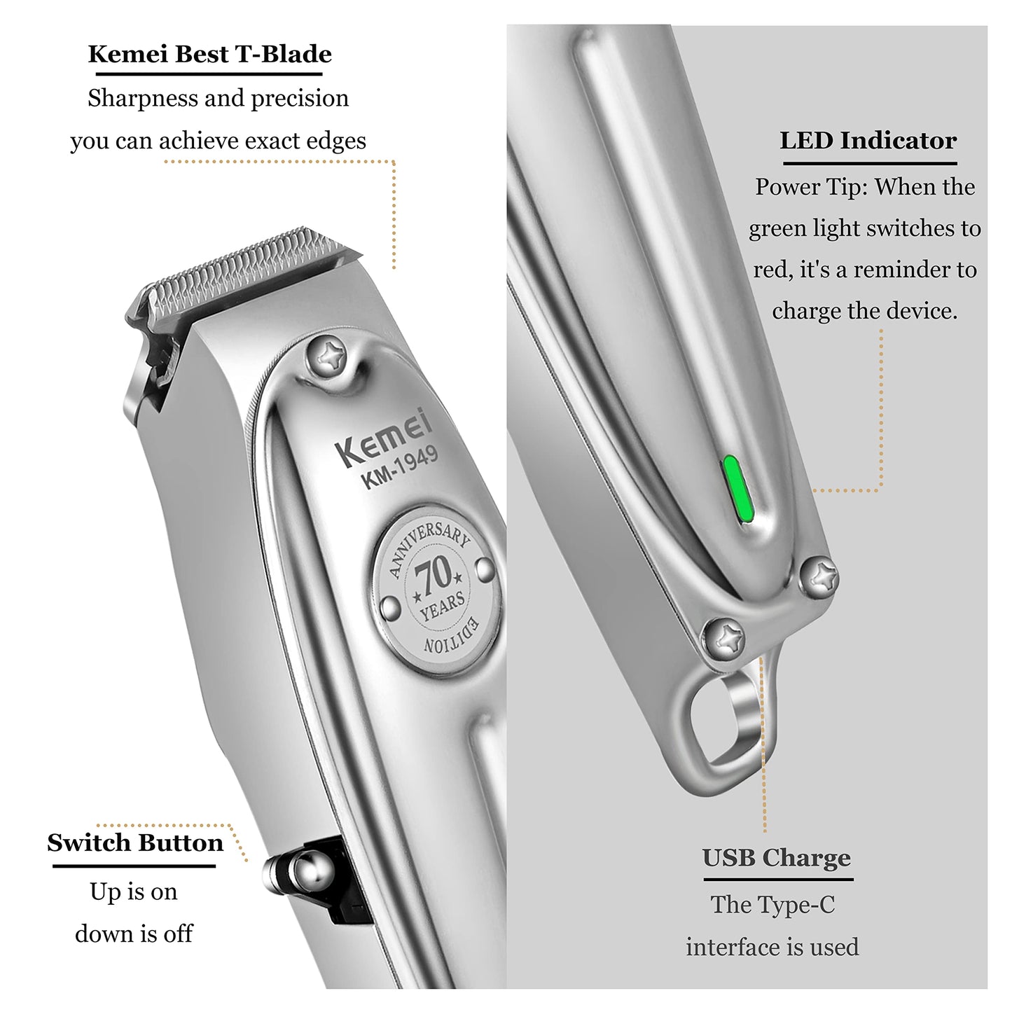 KEMEI Professional Beard and Hair Trimmer for Men, Cordless T-Blade Trimmers, Electric Hair Clippers for Barbers and Stylists, All Body Grooming Model 1949