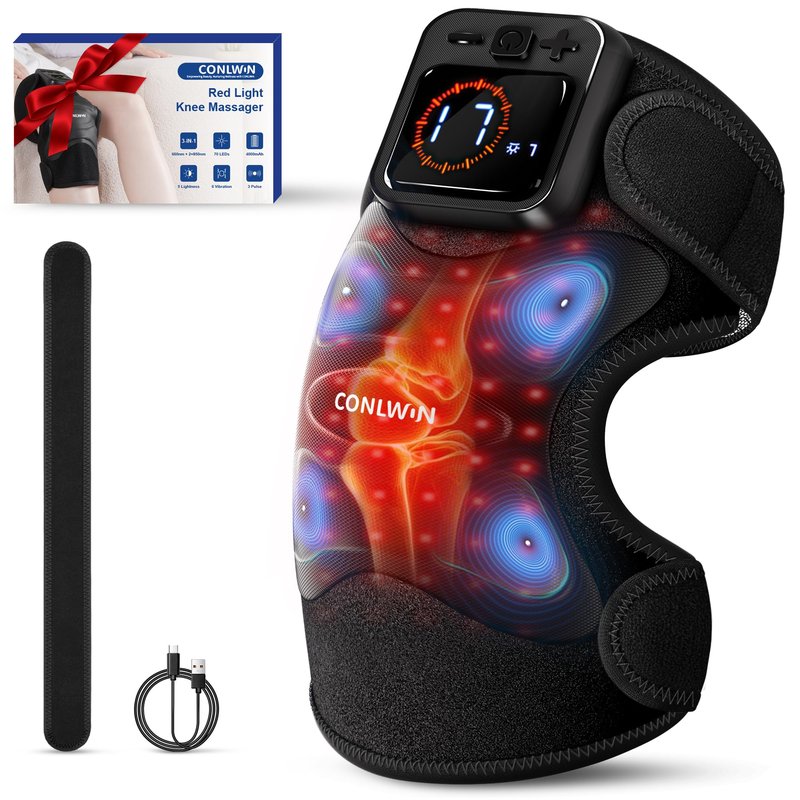 CONLWIN 4-in-1 Cordless Knee Massager with Heat and Red Light Therapy for Knees, 6 Vibration & 4 Pulses Knee Pain Relief Device for Shoulder Elbow, Perfect for Women Men Seniors