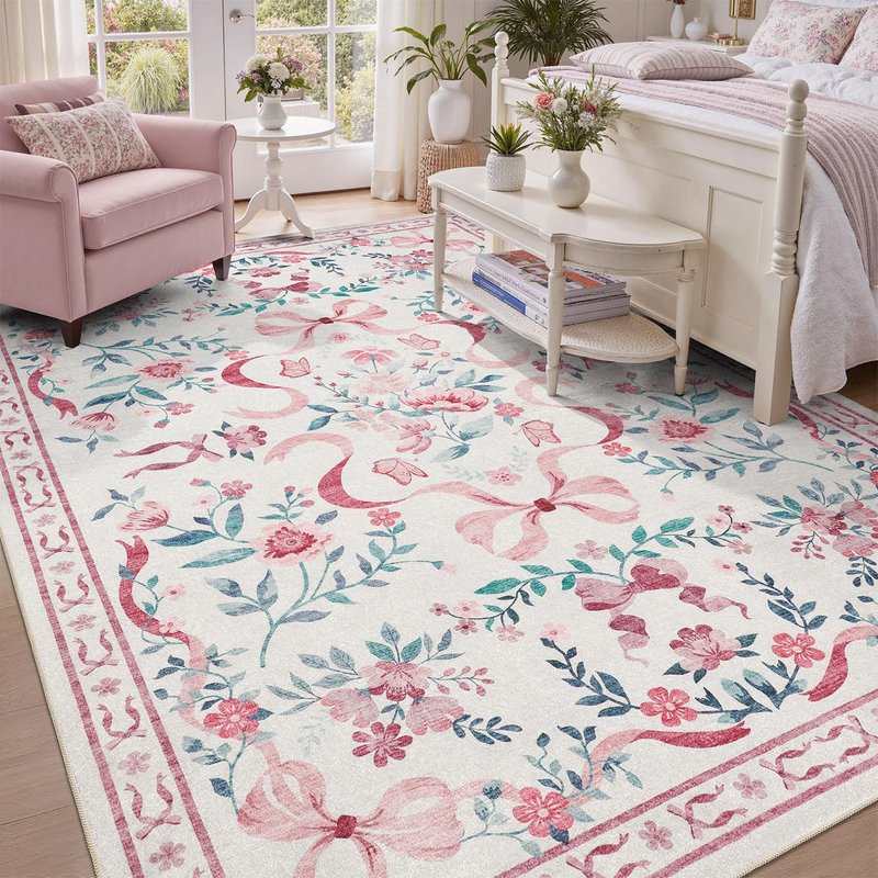 DCX Washable 9x12 Bow Rug, Pink Floral Rug for Girls’ Bedroom, Cute Soft Low Pile Indoor Décor Carpet, Kid & Pet Friendly Nursery Rug for Living Room, Dorm, Playroom